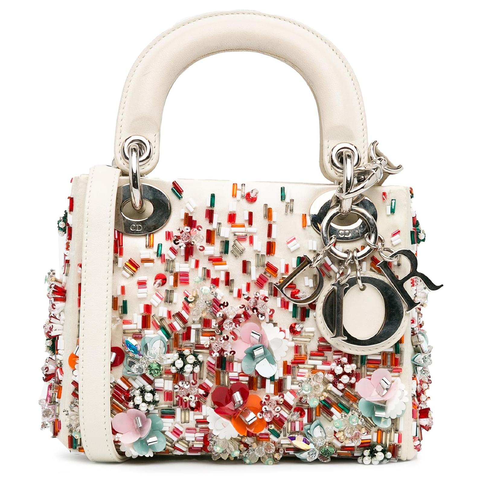 Dior White Mini Beaded Embellished Satin Lady Dior Cloth ref
