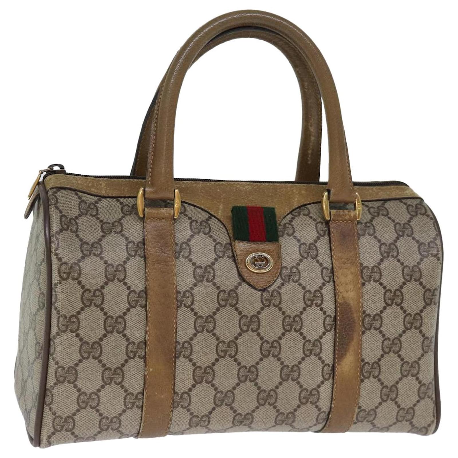 GUCCI GG Supreme Web Sherry Line Boston Bag Beige Red 116 02