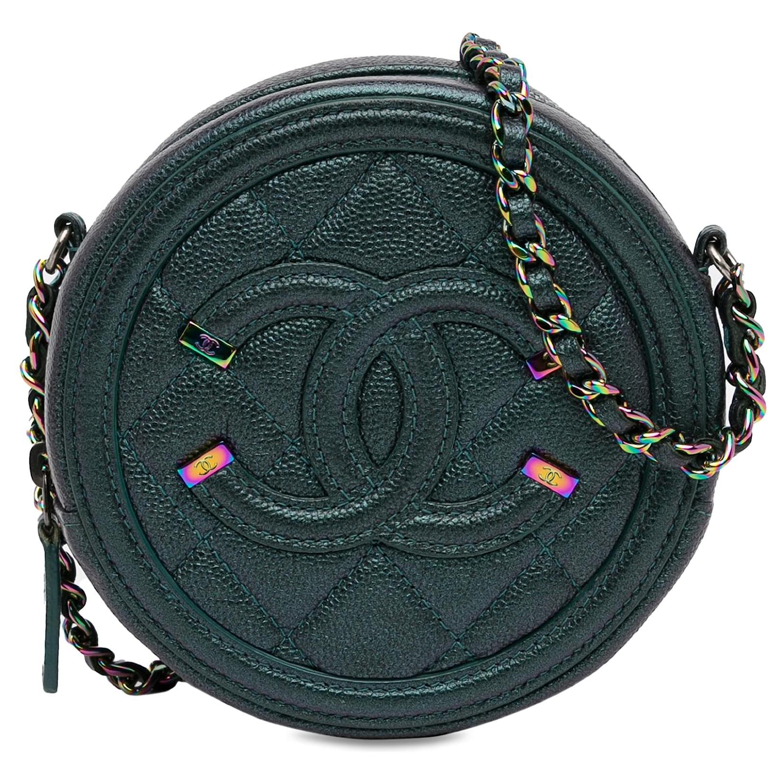 Grüne, runde Umhängetasche „Chanel Caviar CC Filigran“ Leder ref