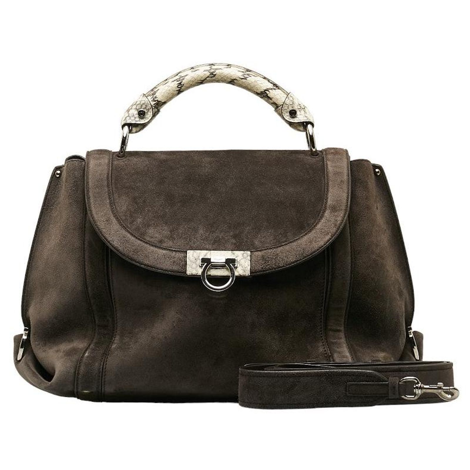 Salvatore Ferragamo Gancini Sofia Python Suede Handbag Grey 