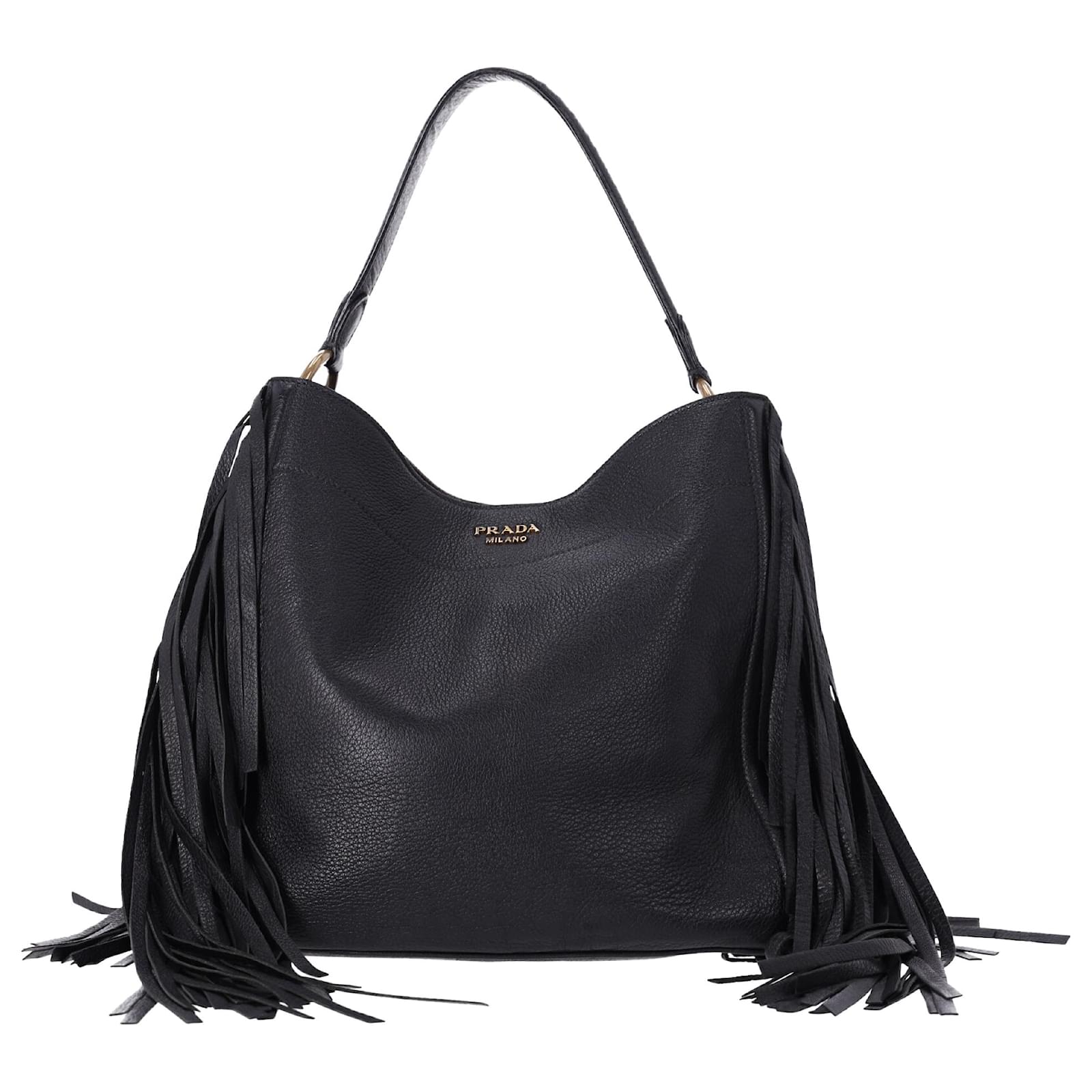 Prada Cervo Fringe Hobo Tasche aus schwarzem Vitello Daino Leder