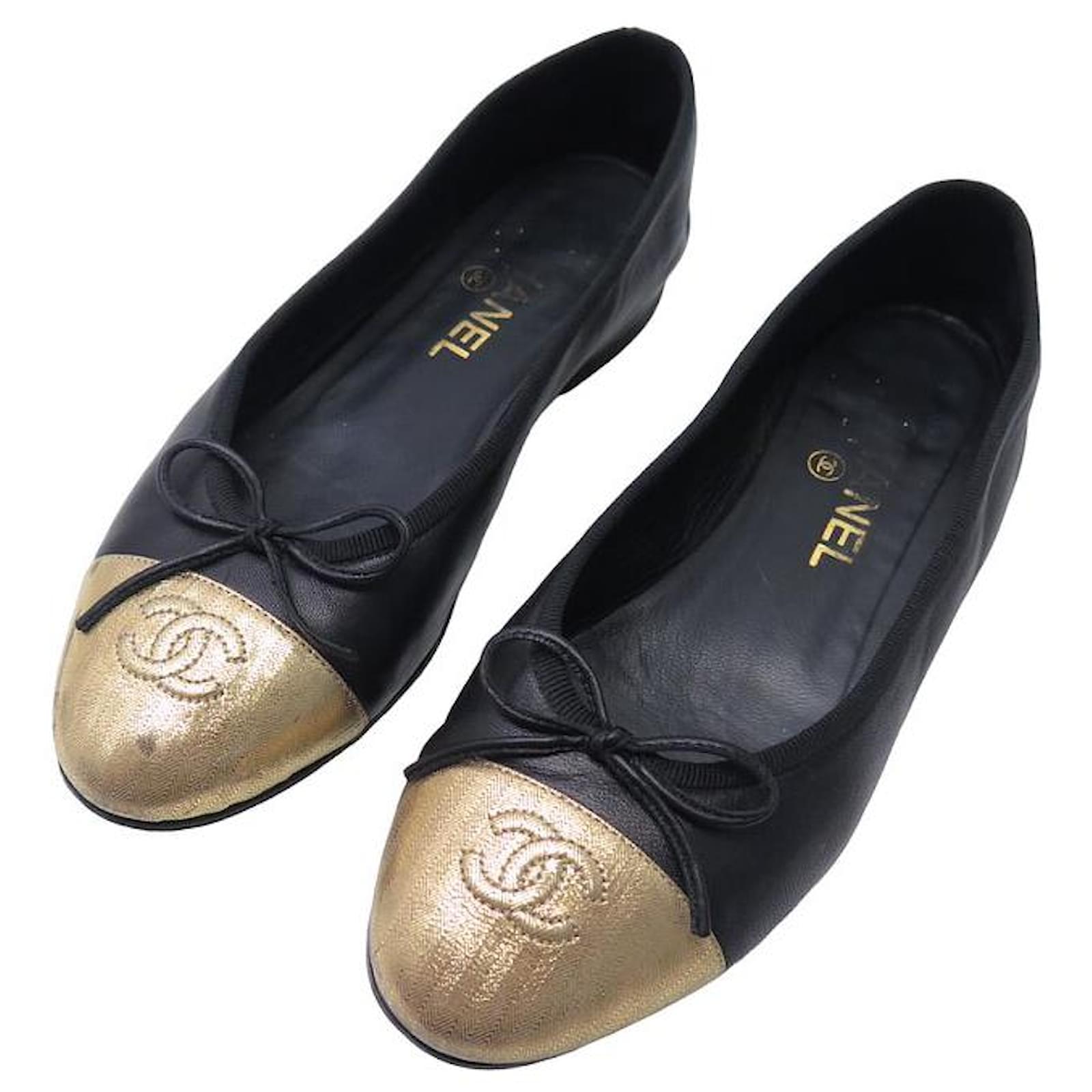 CHANEL LOGO CC G BALLERINAS SHOES02819 37 BICOLOR BLACK GOLD SHOES