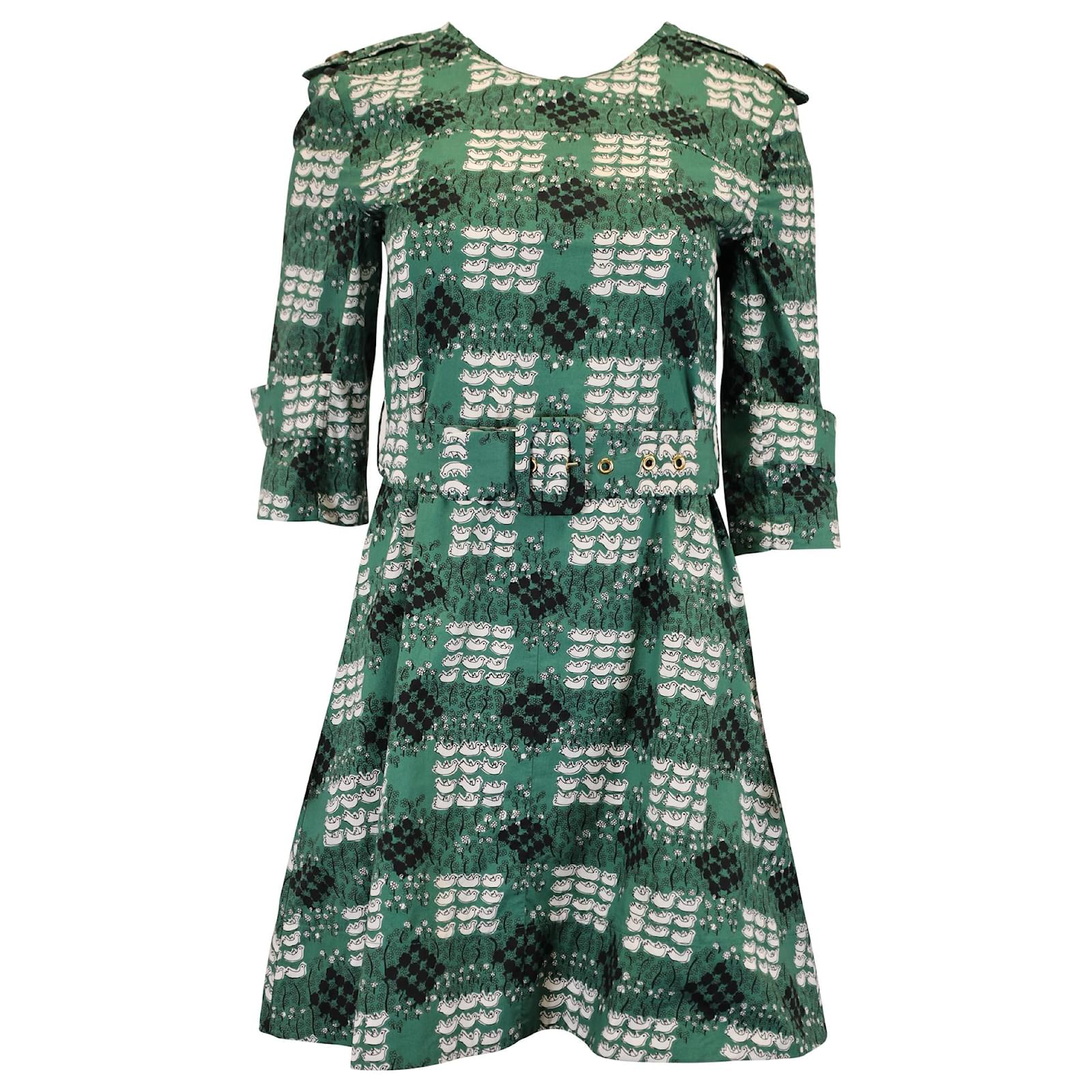 Marni Quacking Ducks Print Mini Dress in Green Silk Cotton Olive