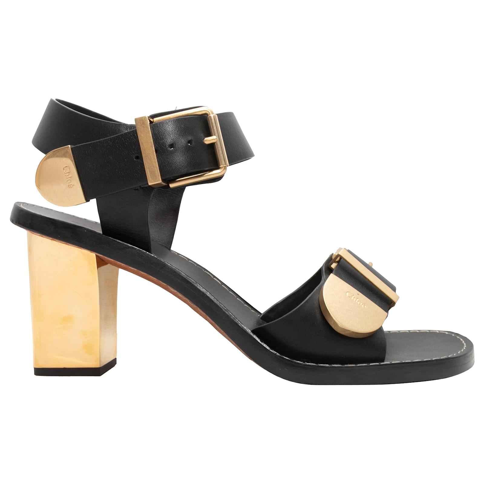 Chloé Black & Gold Chloe Buckle Heeled Sandals Size 39.5 Cloth ref