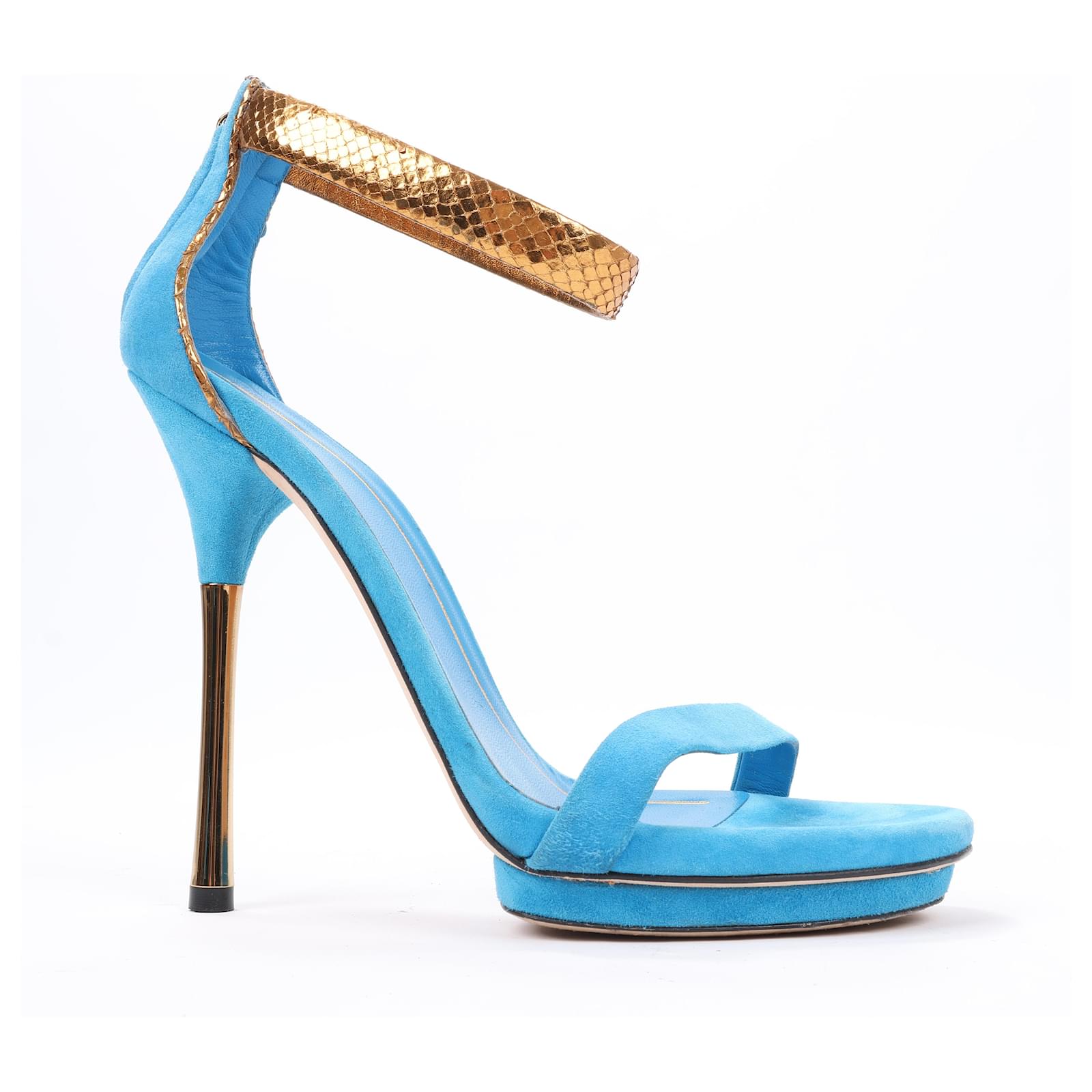 Gucci Blue/Gold Suede and Python Leather Kelis Ankle Strap