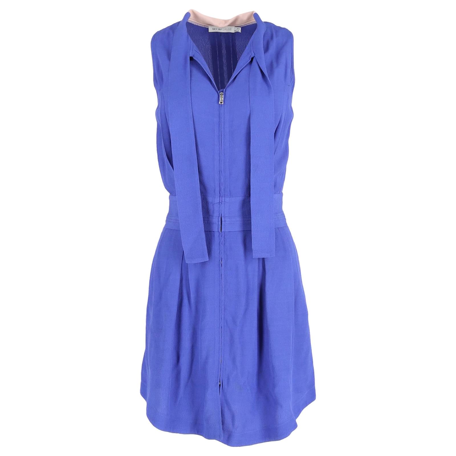 See by Chlo Ribbon Tie Cowl Neck Mini Dress in Blue Viscose (Sold) - Joli  Closet