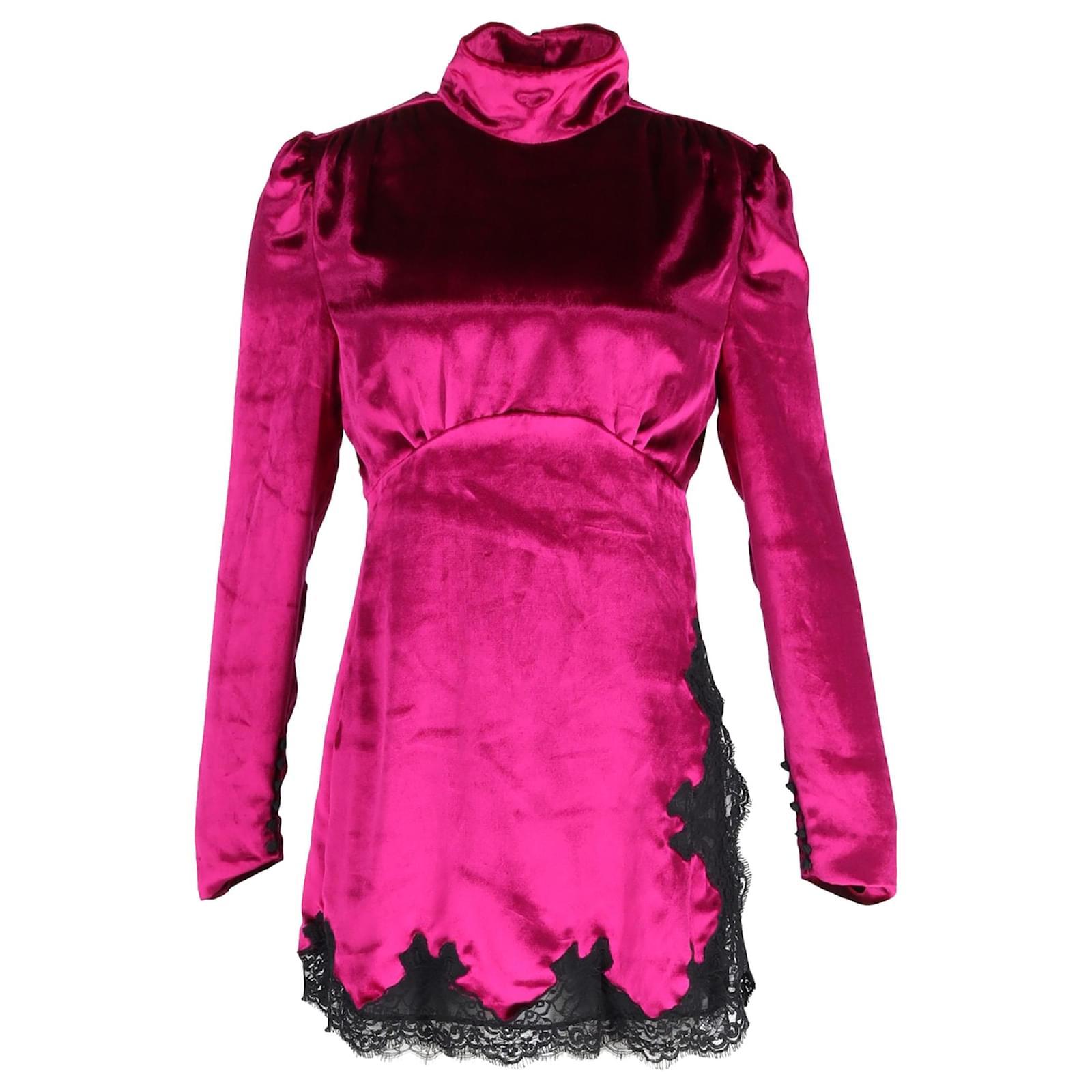 Alessandra Rich Baby Doll Lace Trim Mini Dress in Velvet Fuchsia Pink