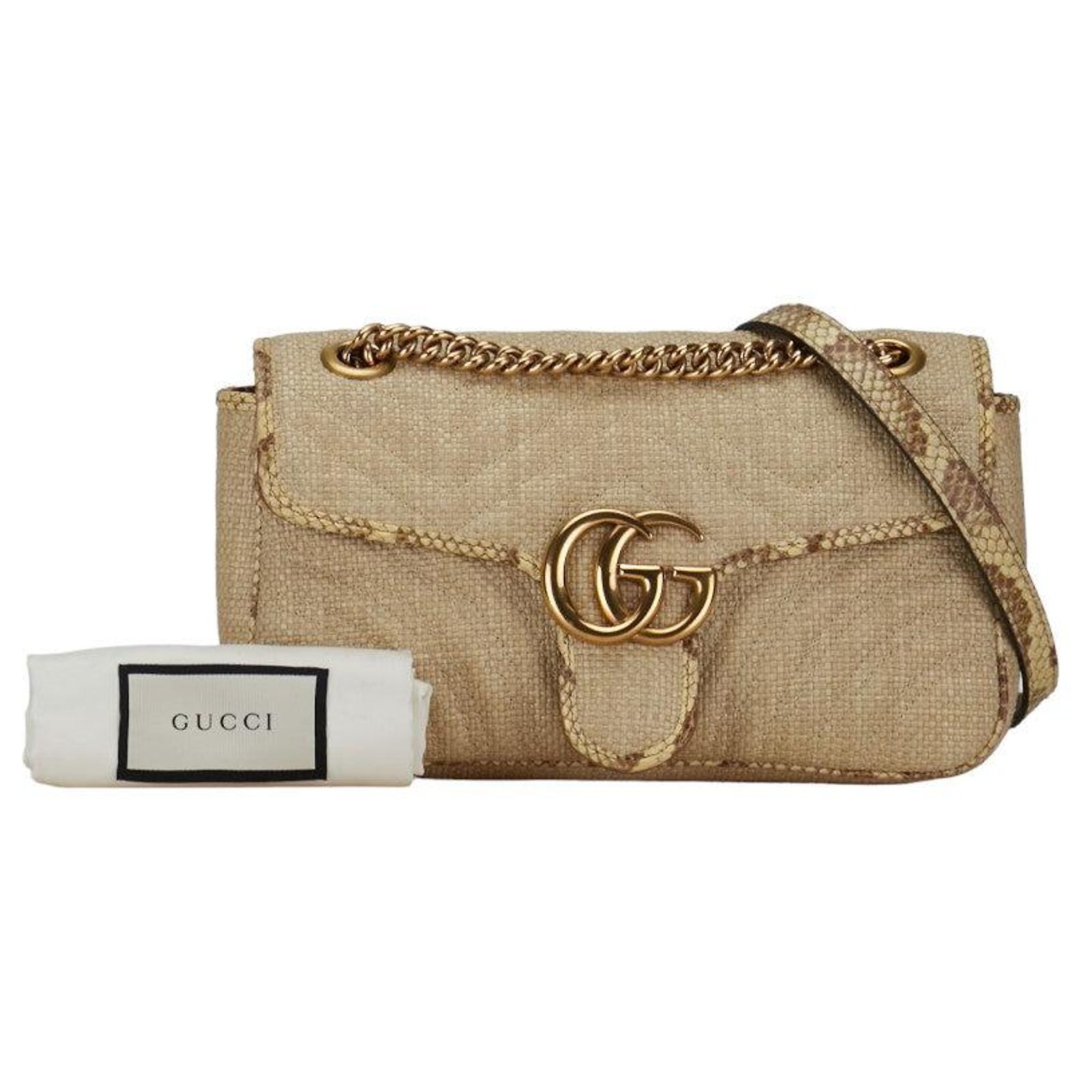 Gucci GG Marmont Chain Shoulder Bag Beige Raffia Python 443497 in