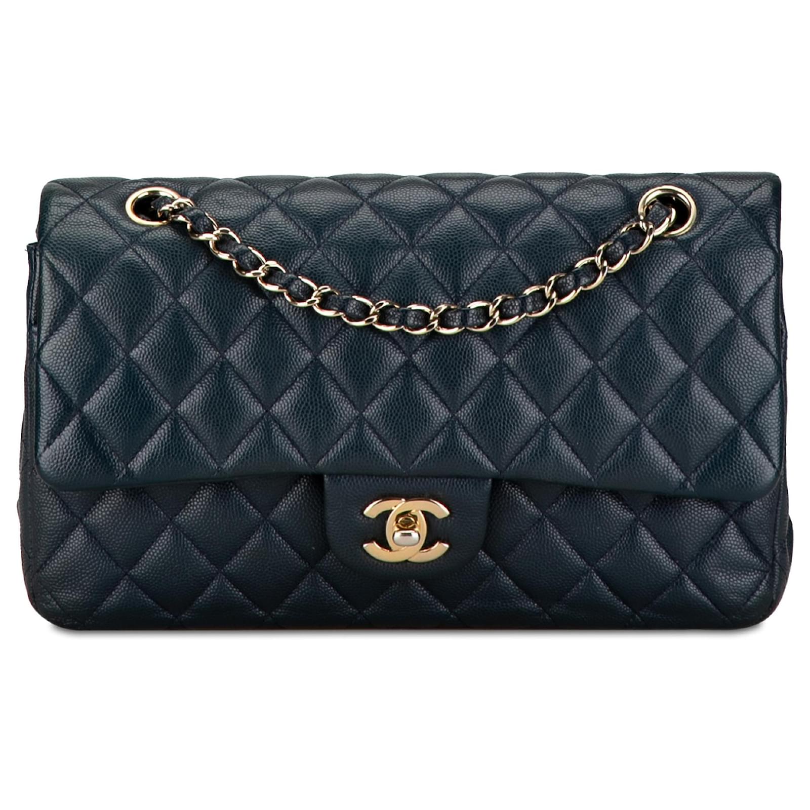 Chanel Blue Medium Classic Caviar Double Flap Dark blue Leather ref ...
