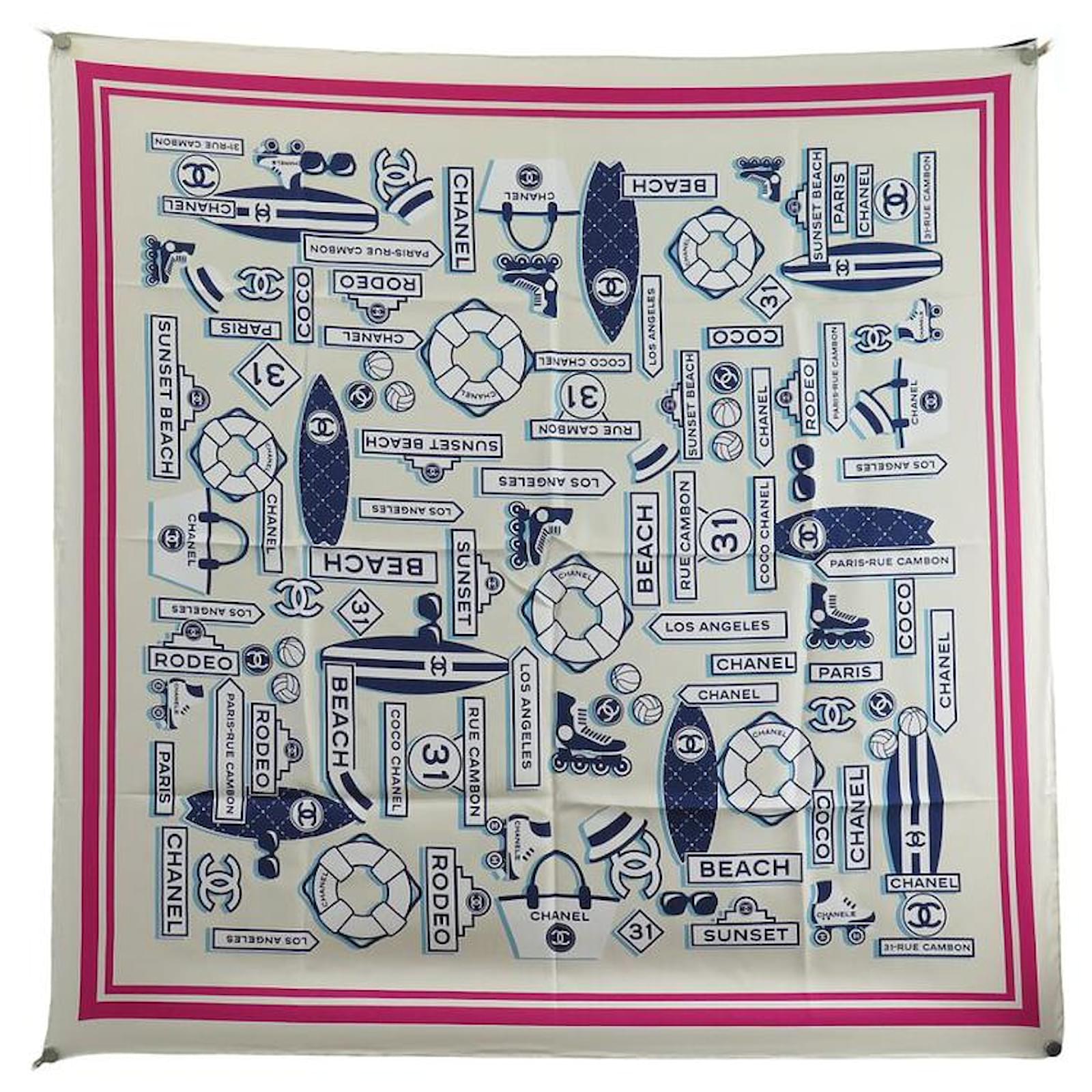 NEW CHANEL BEACH SCARF LOGO CC COCO CAMBON SILK WHITE PINK BLUE