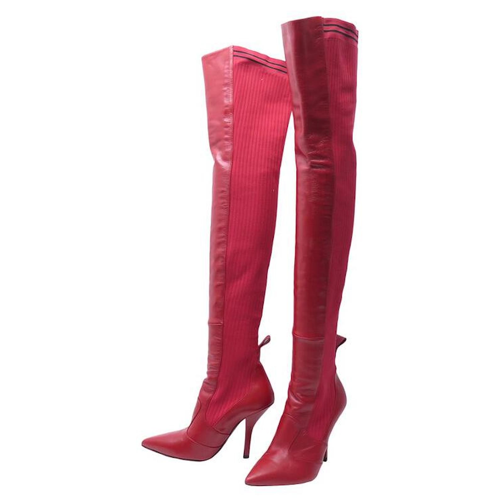 NEW FENDI ROCKOKO OVER THE KNOCK BOOTS RED CANVAS LEATHER 40 NEW CANVAS BOOTS ref.1419876 Joli Closet