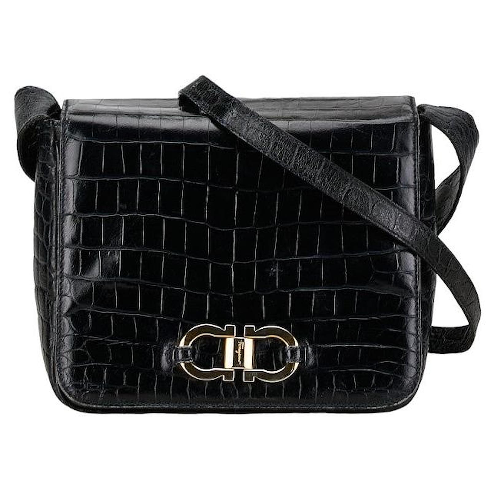 Salvatore Ferragamo Gancini Croc Embossed Leather Shoulder