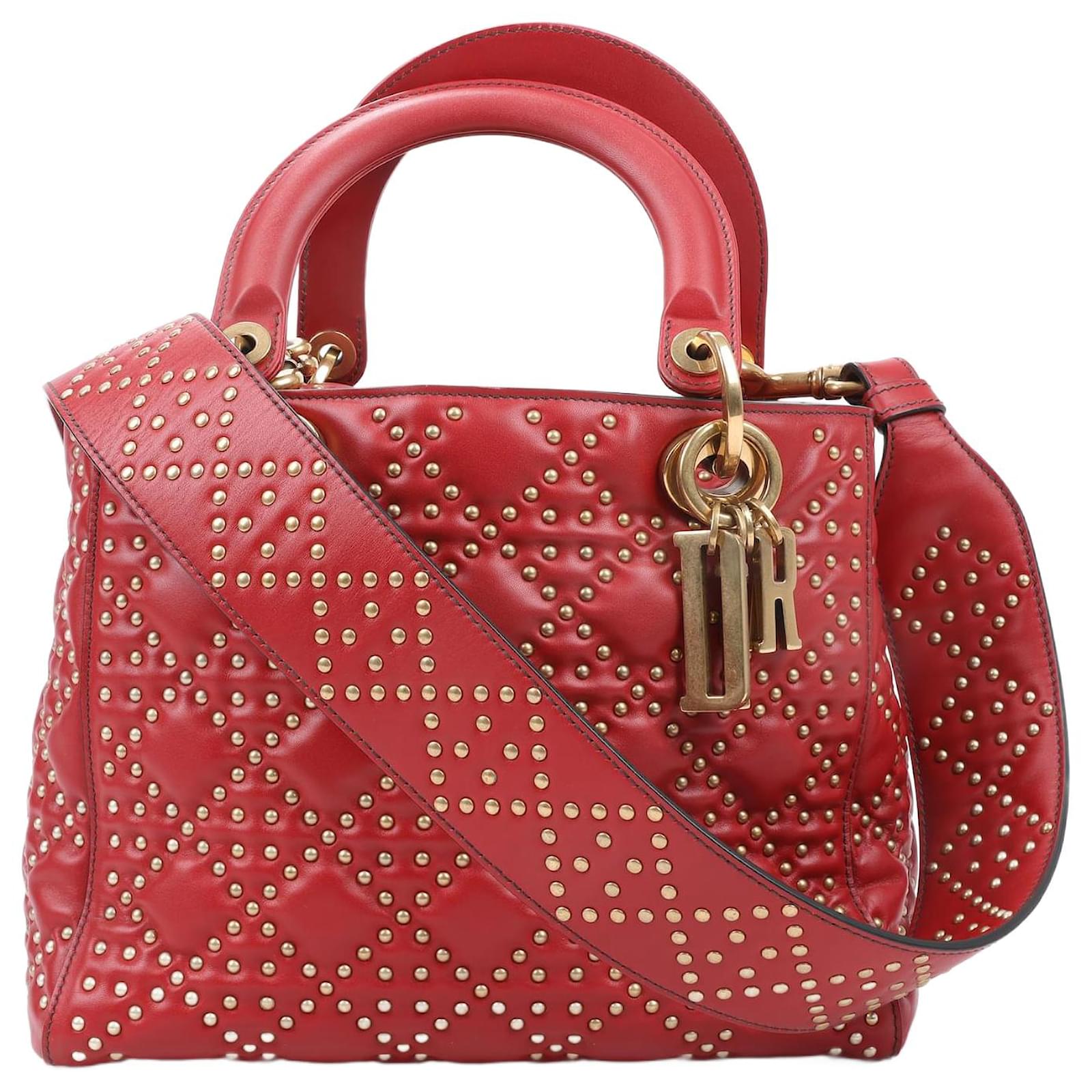 Borsa Lady Dior 2Way in pelle di vitello Cannage con borchie media morbida rossa Rosso ref.1425007 Joli Closet