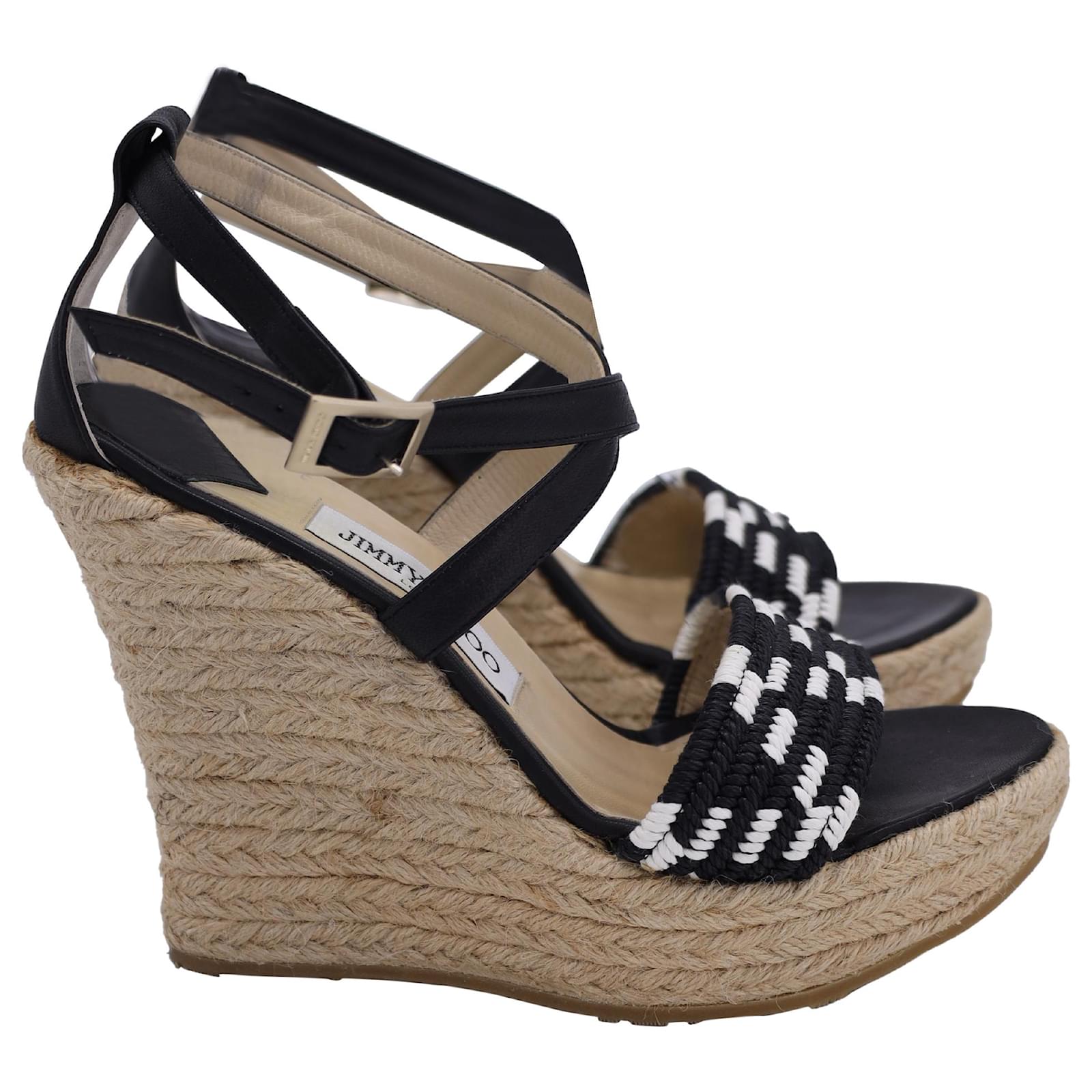 Jimmy Choo Woven Espadrille Wedge Sandals in Black Jute and Leather ref.1426543 Joli Closet