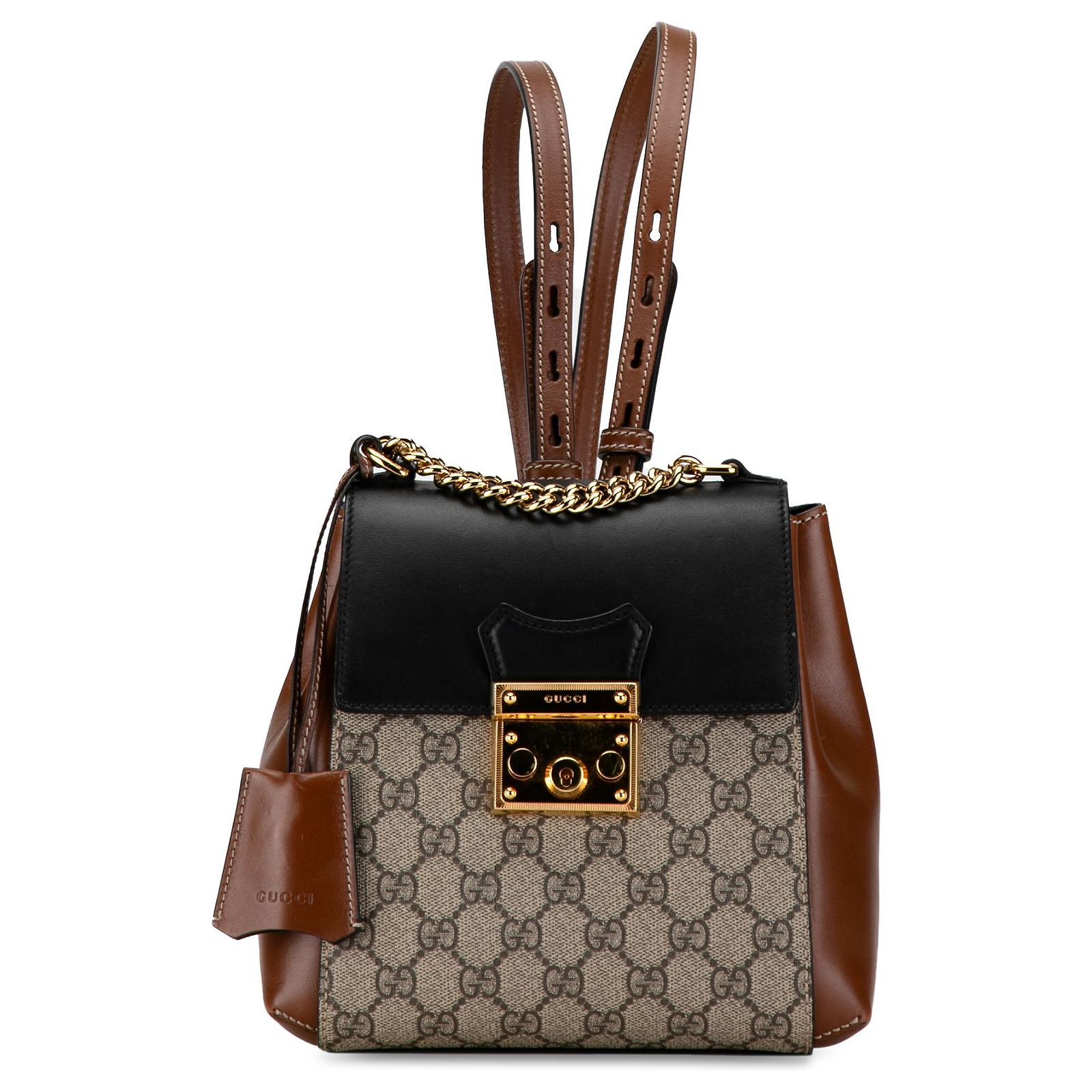 Gucci Brown GG Supreme Padlock Backpack Beige Leather Cloth Pony 