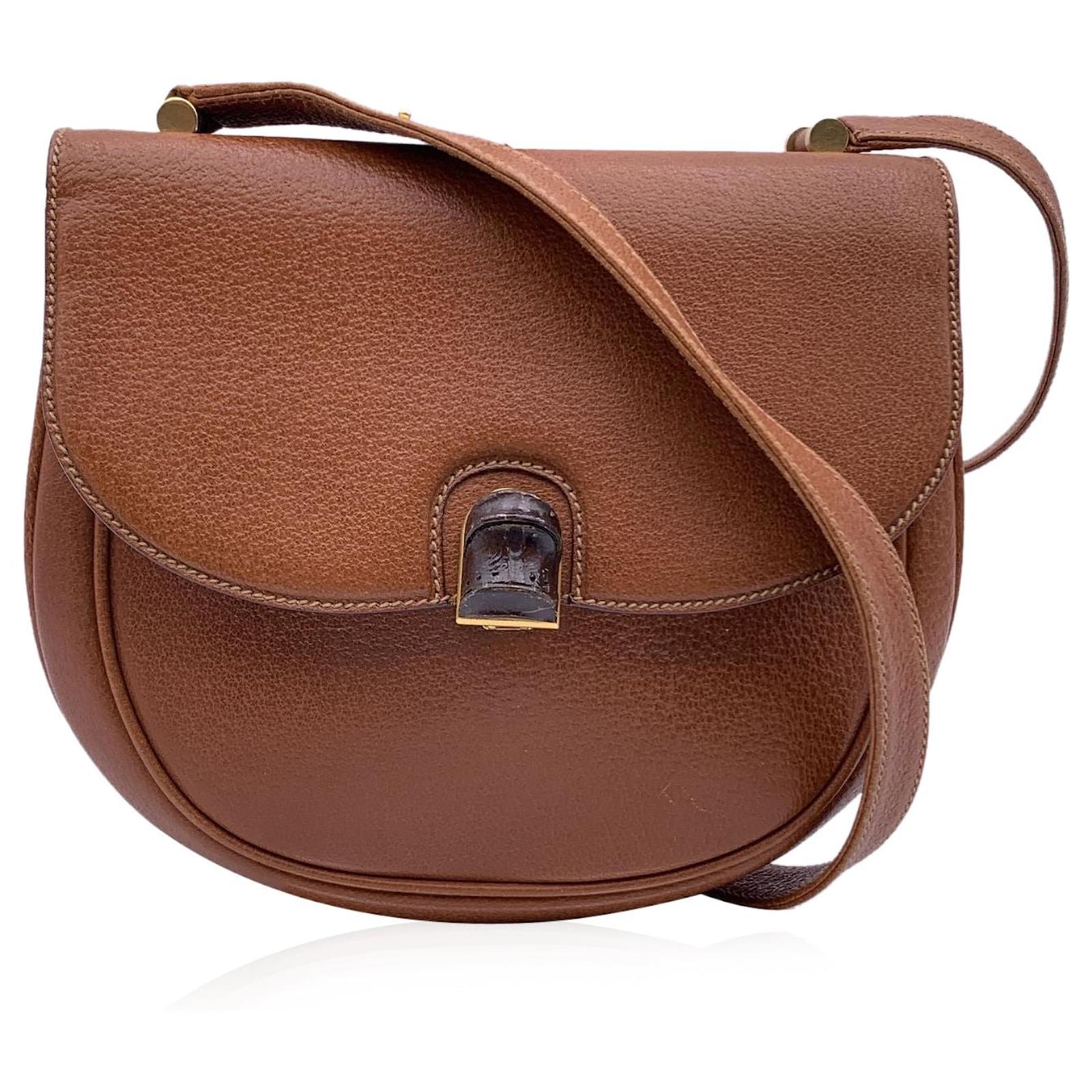 Gucci Vintage Brown Tan Leather Bamboo Flap Shoulder Bag Camel ref 