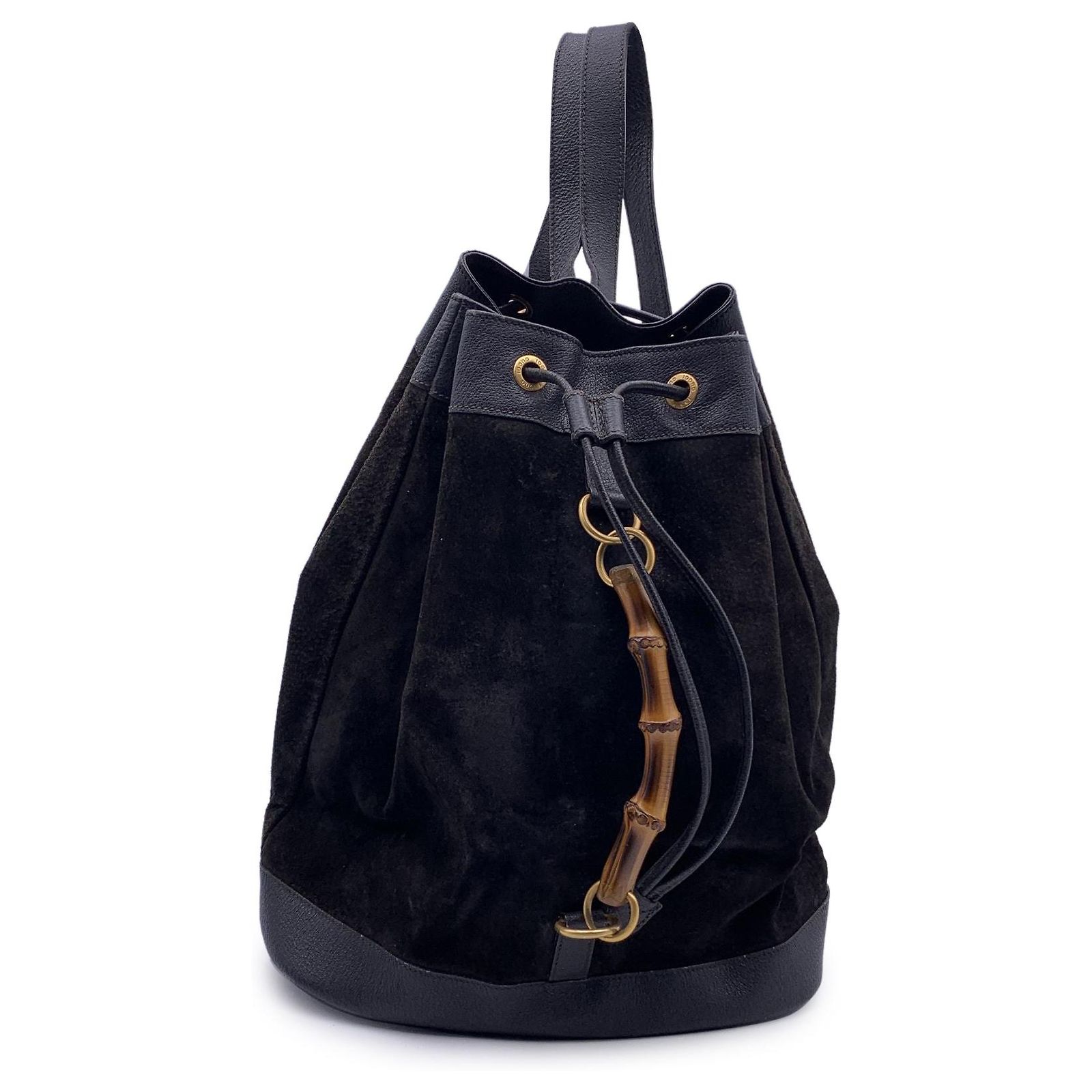 Gucci Vintage Bamboo Drawstring Backpack Suede Leather Black Gucci Bamboo Backpack Large Suede Leather – l main image 4