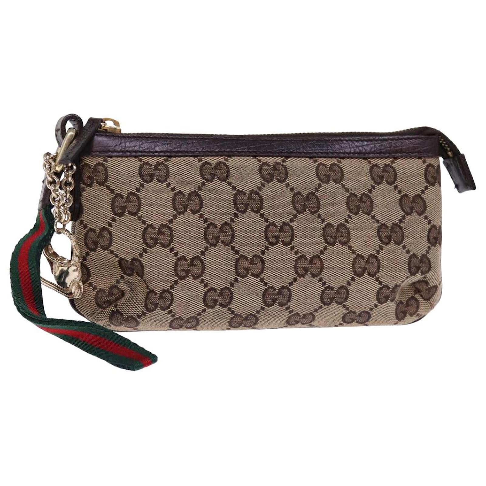 GUCCI GG Canvas Web Sherry Line Pouch Beige Red Green 152507 Auth