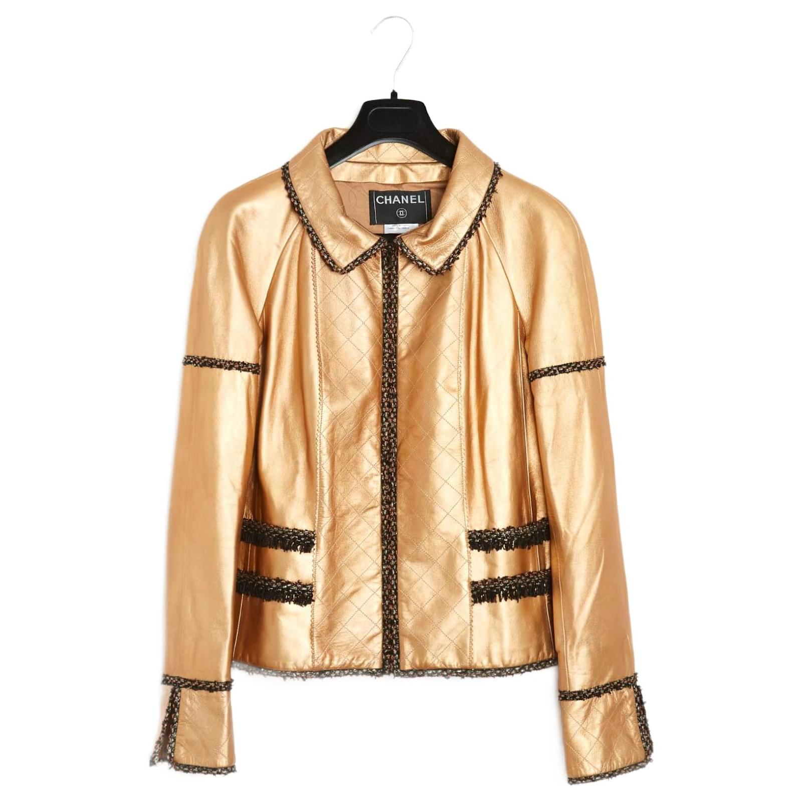 Chanel FW 2005 Gold Leather Tweed Jacket FR38 UK10 US8 Golden ref