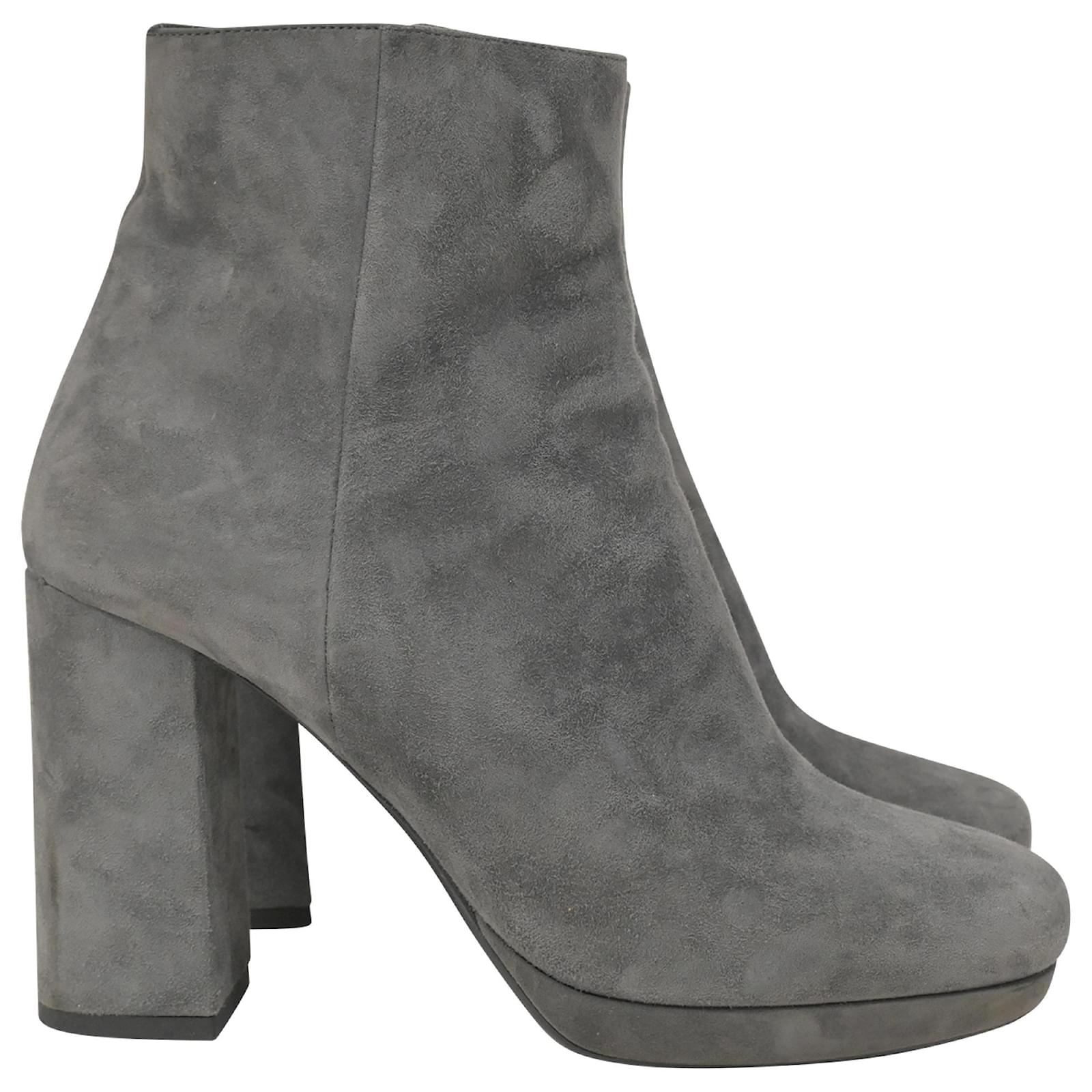 Prada Block Heel Ankle Boots in Grey Suede Joli Closet