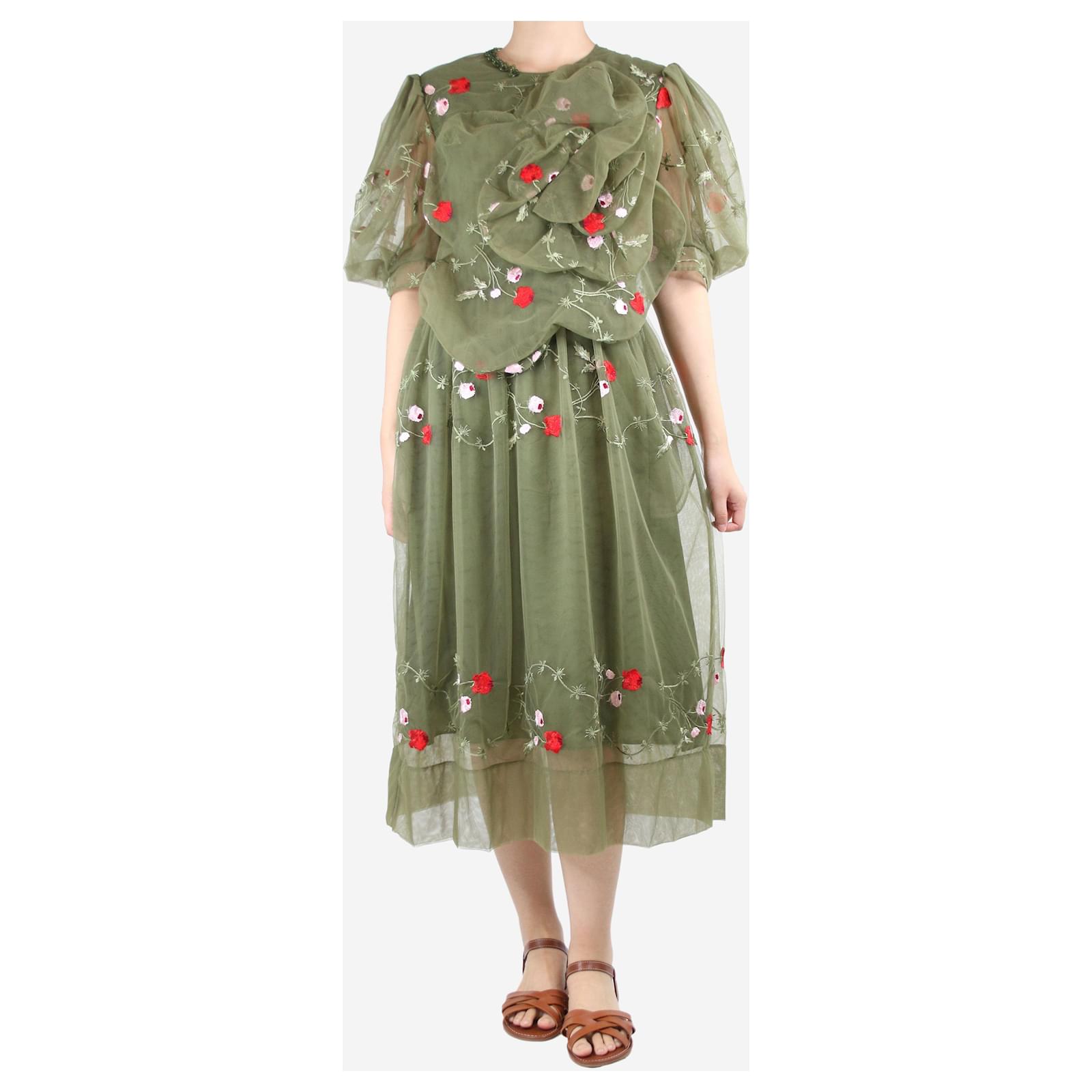 simone rocha green dress Simone Rocha Floral-Applique Tulle Midi Dress in Green