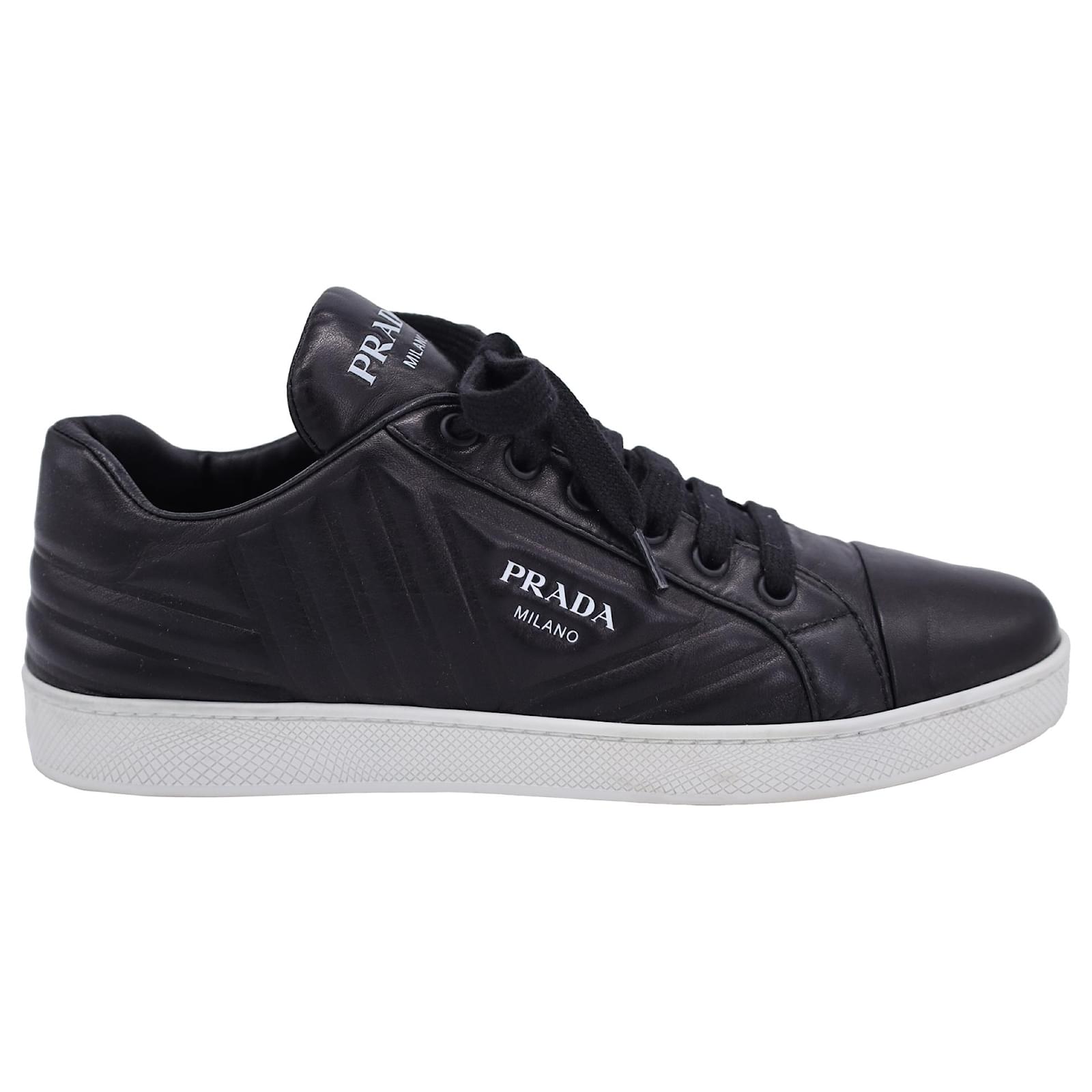 Prada Diagramme Quilted Logo Low Top Sneakers in Black Leather