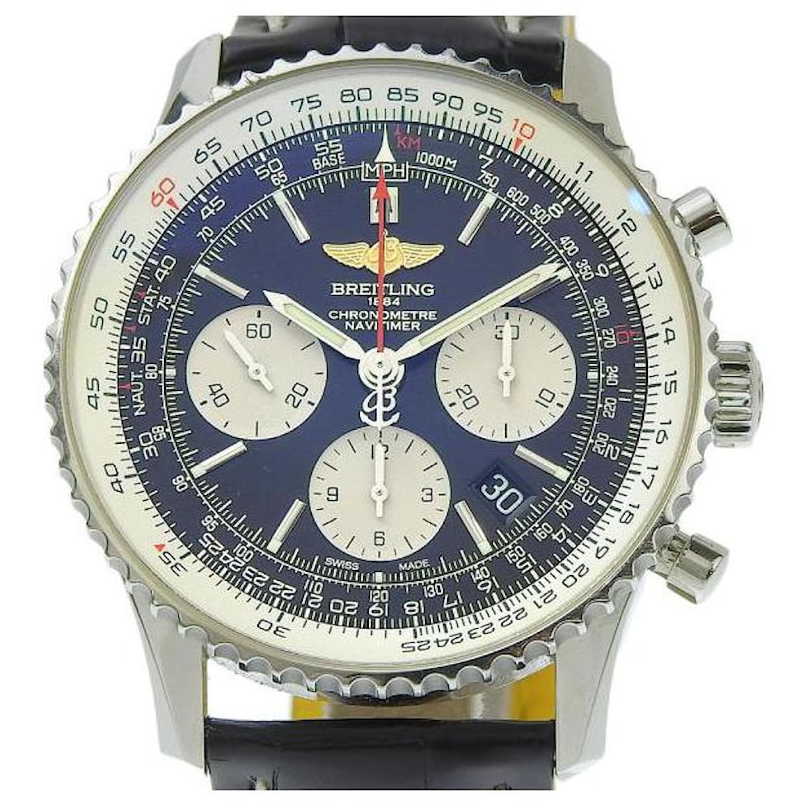 Breitling Navitimer Orologio automatico da uomo in argento con cronografo e funzione data in acciaio inossidabile e pelle usato in ottime condizioni ref.1437531 Joli Closet