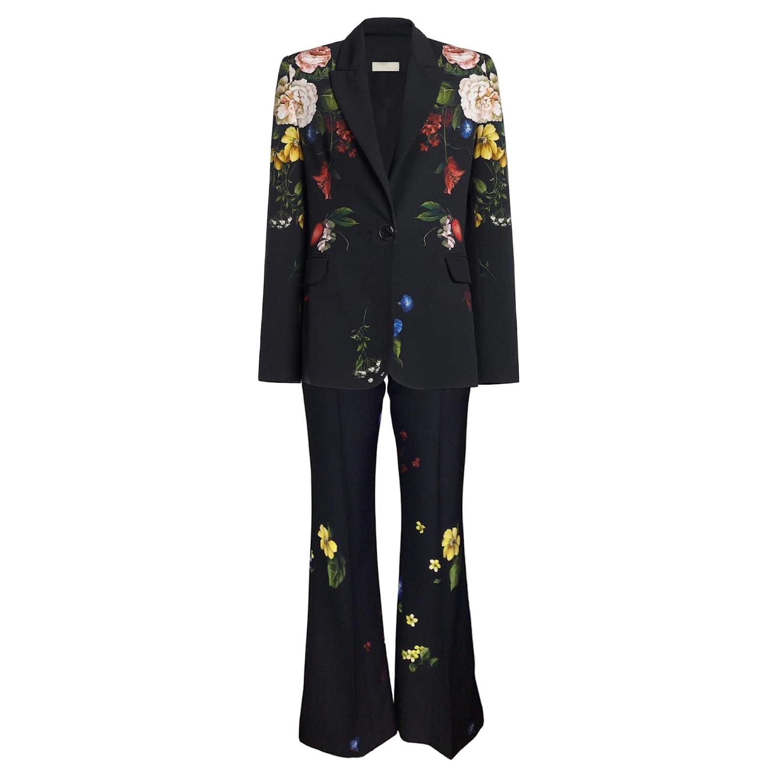Elie Saab Black Multi Floral Printed Crepe Blazer and Pants