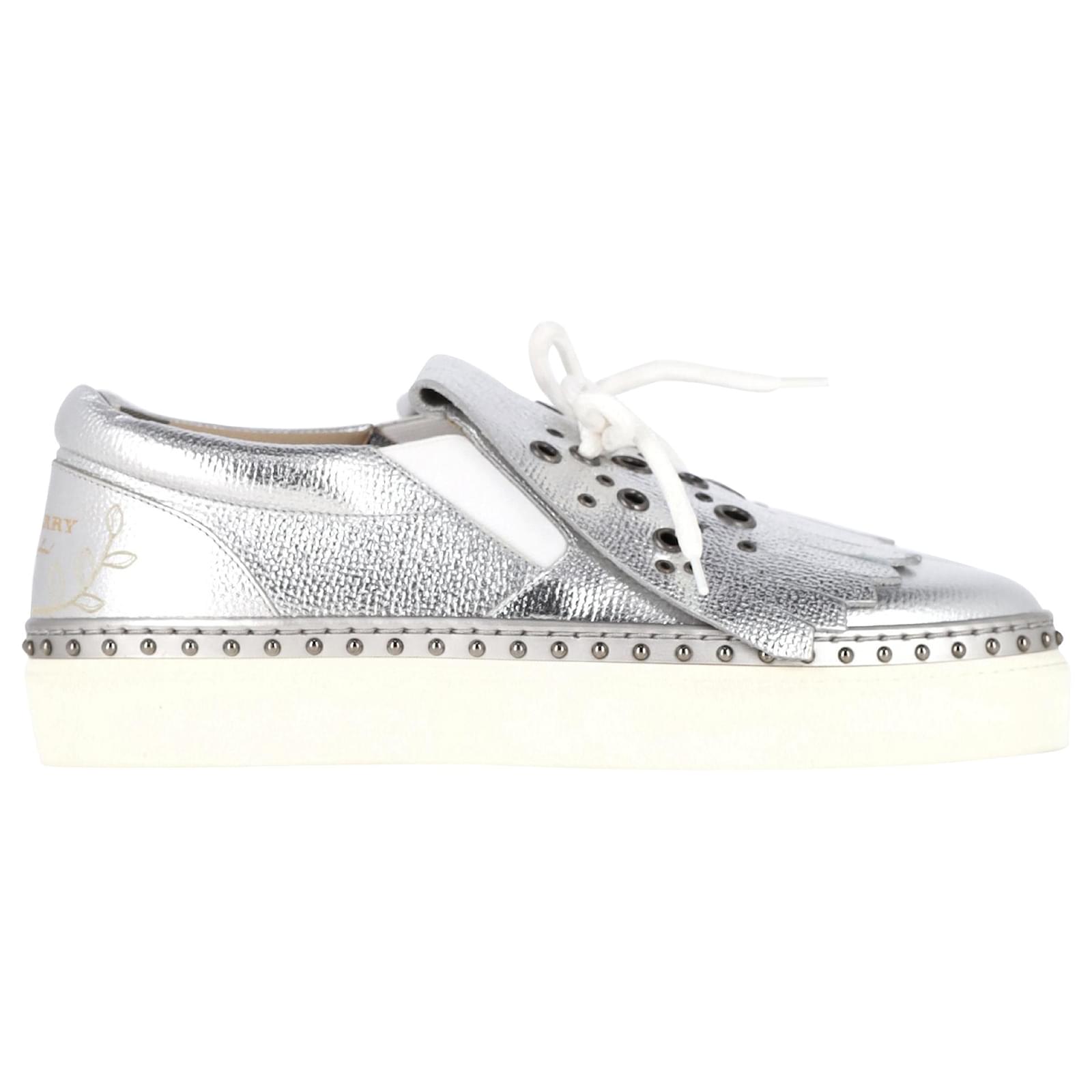 Burberry Kiltie Fringe Detail Slip On Sneakers Metallic Silver Leather