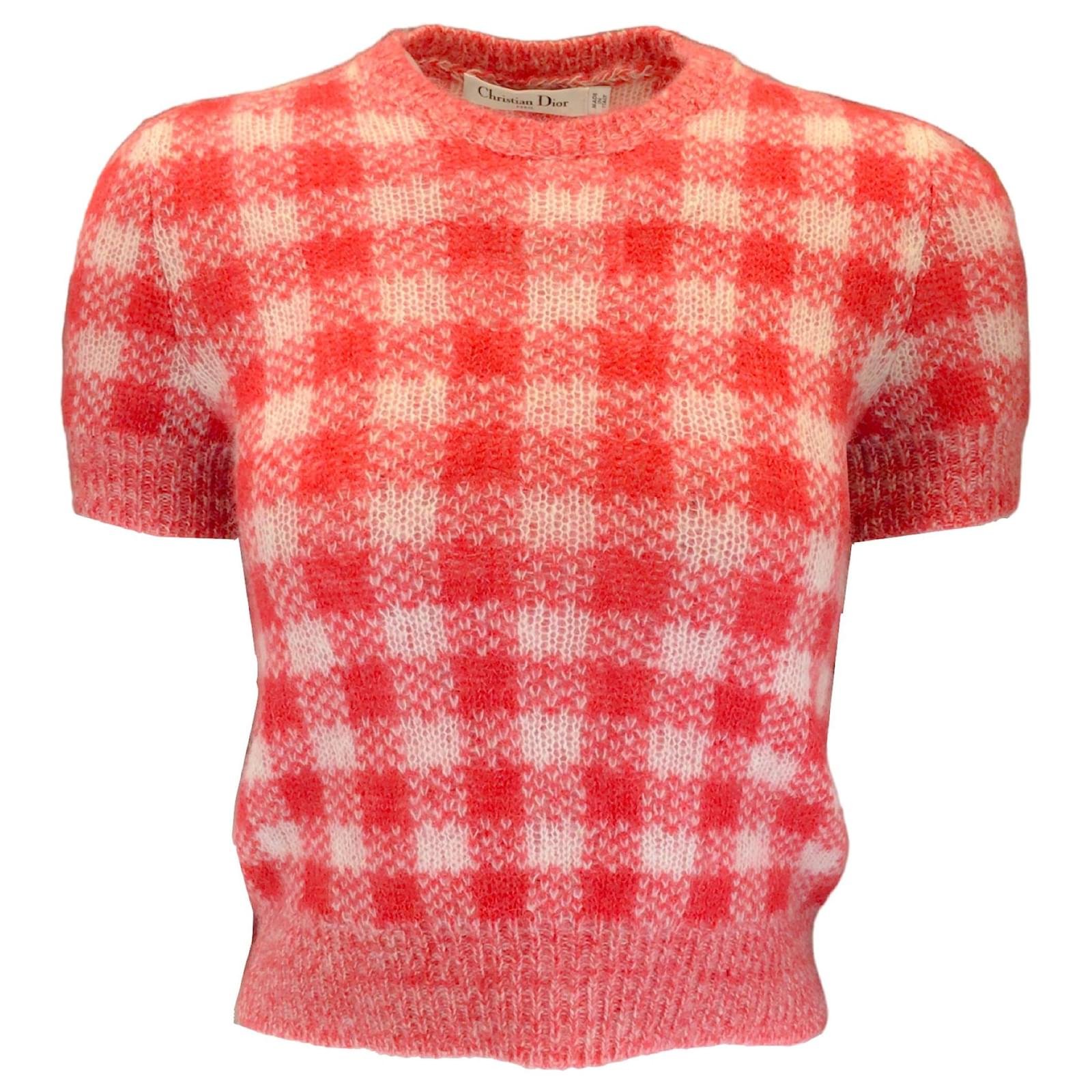 Christian Dior Red / White Checkered Short Sleeved Knit Sweater  