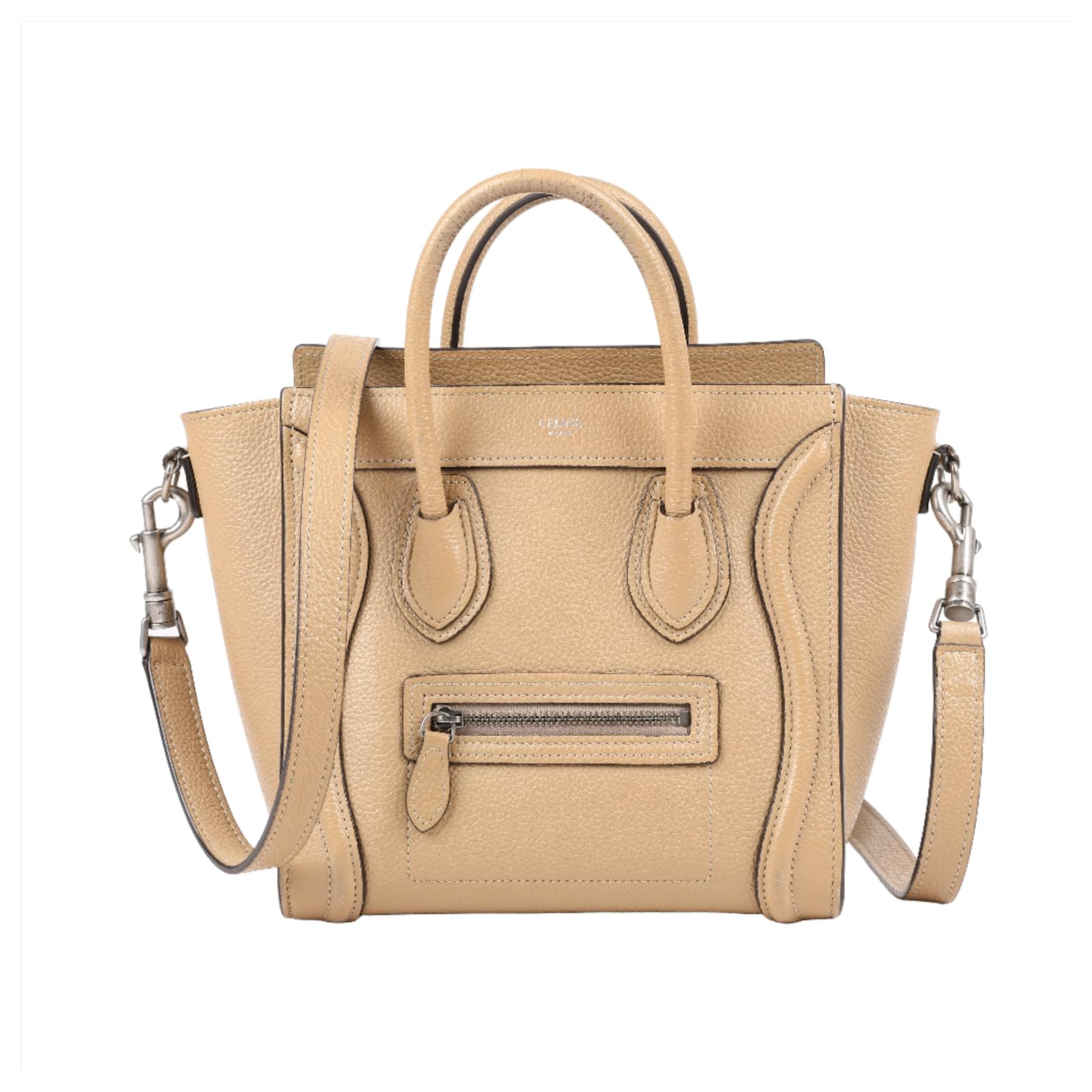 Celine CELINE Drummed Calfskin Nano Luggage 2Way Handbag in Beige Leather ref.1440614 Joli Closet