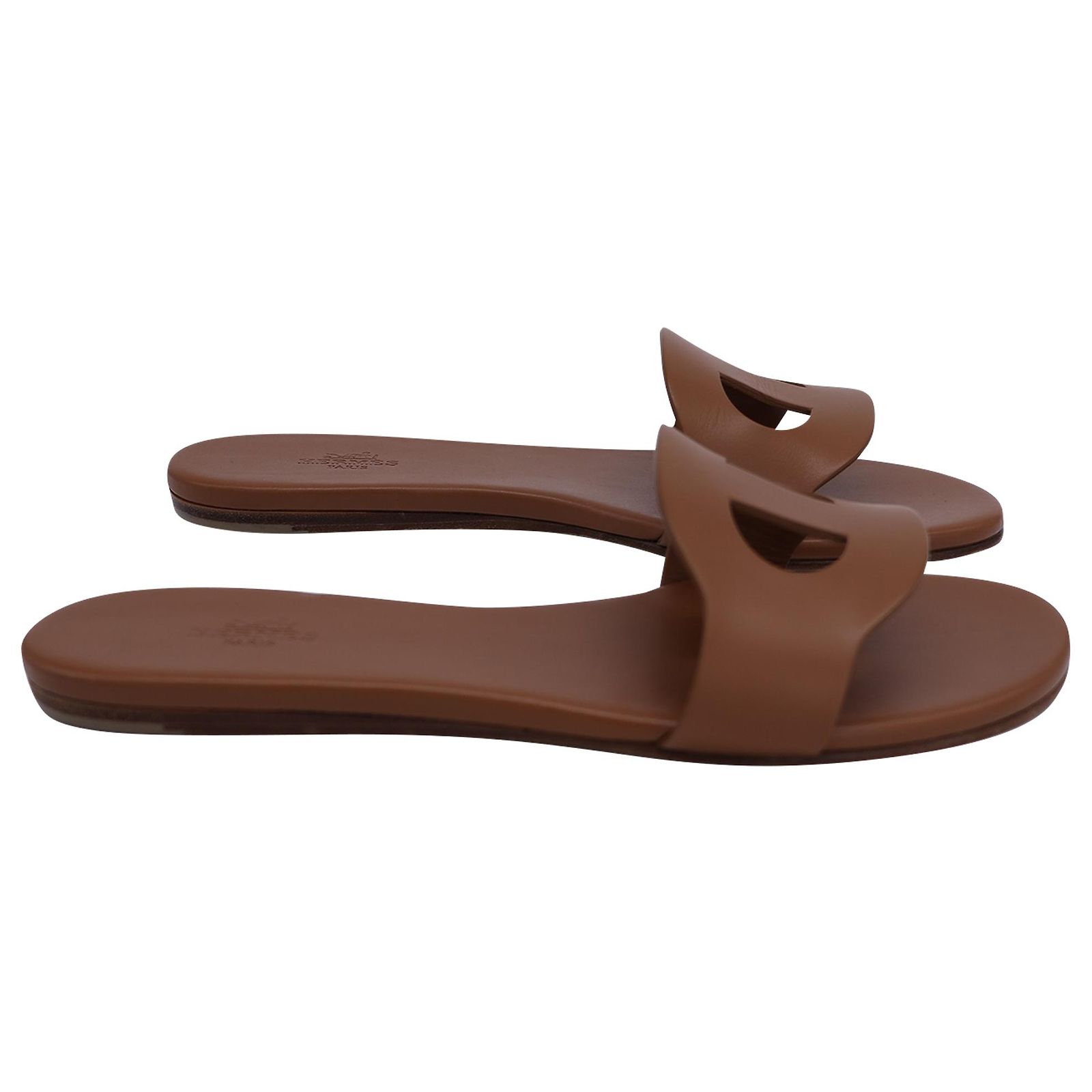 Hermès Lisboa Flat Slides in Brown Leather Red Pony-style calfskin ref ...