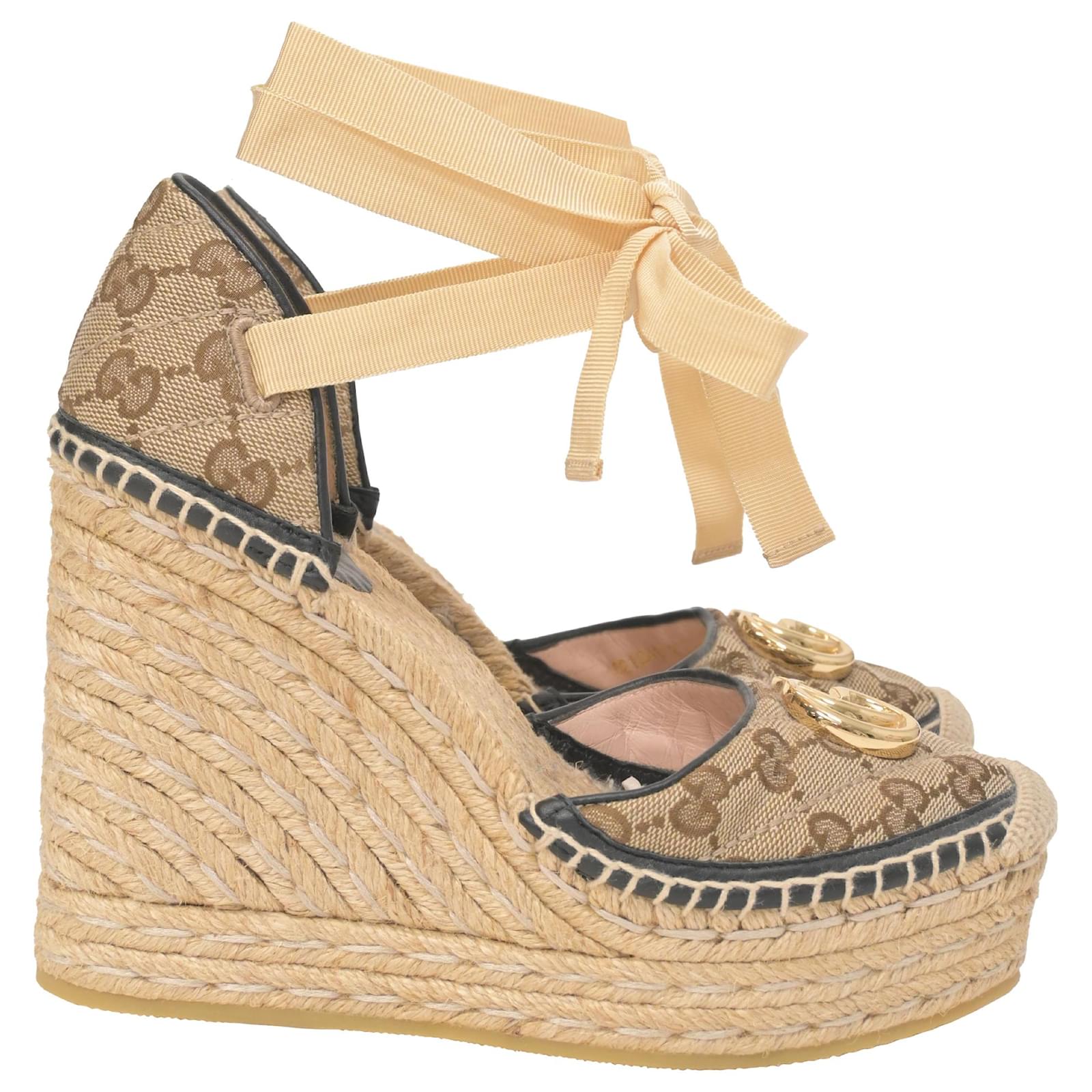 Gucci GG Ankle Tie Platform Espadrille Wedges in Beige Canvas Cloth ref.1444713 Joli Closet