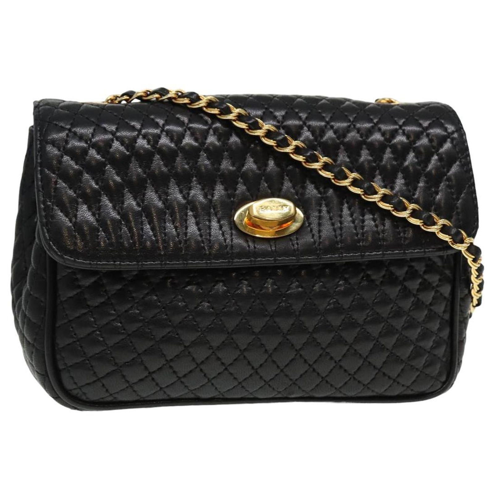 BALLY Quilted Chain Shoulder Bag Leather Black Auth kk253 ref 