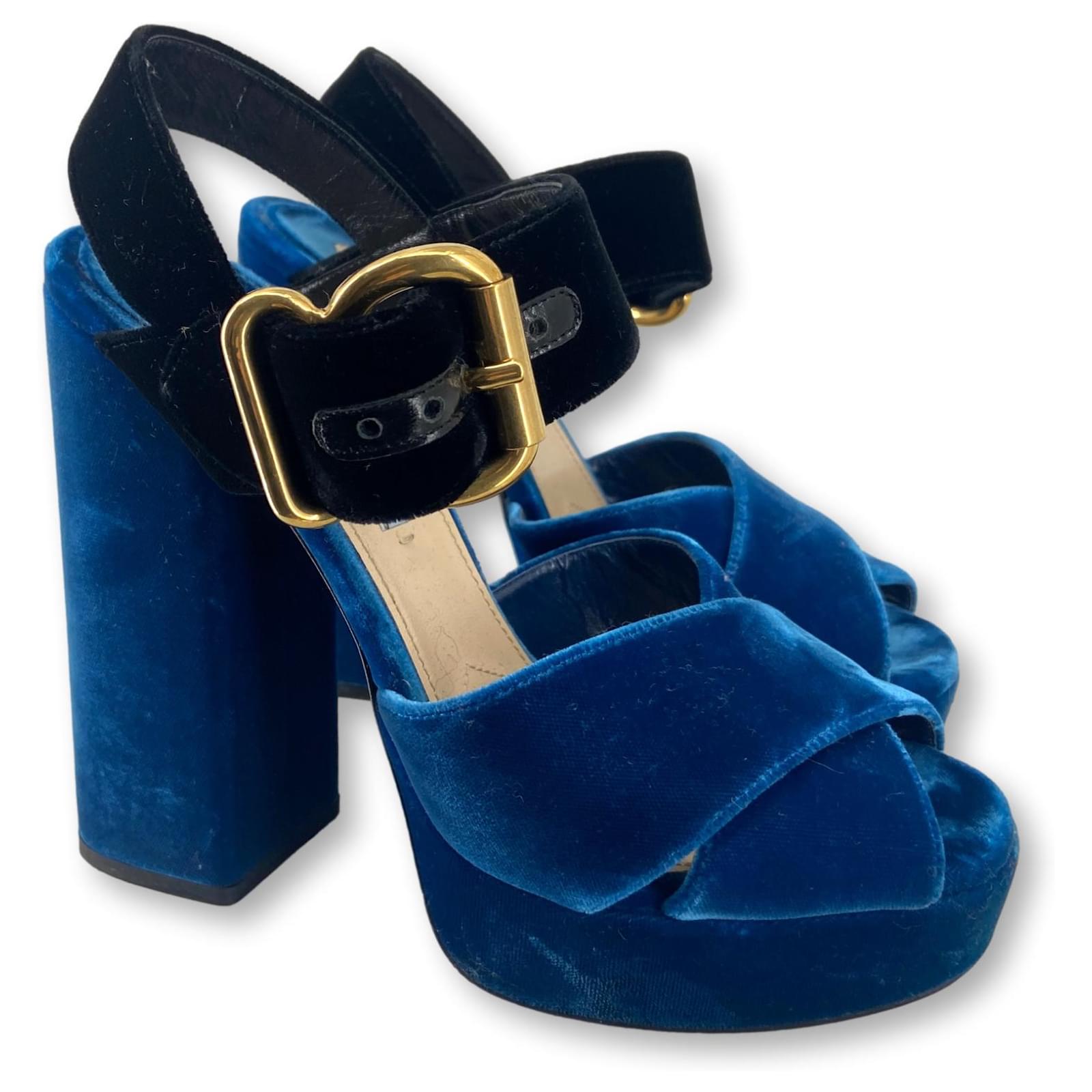 Prada Sandals Black Blue Gold hardware Velvet Metal ref.1458718 Joli Closet