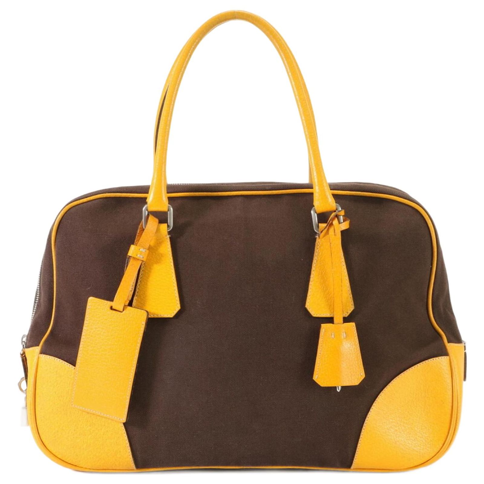 Prada Boston Canvas Shoulder Bag Brown Yellow Leather Cloth ref 