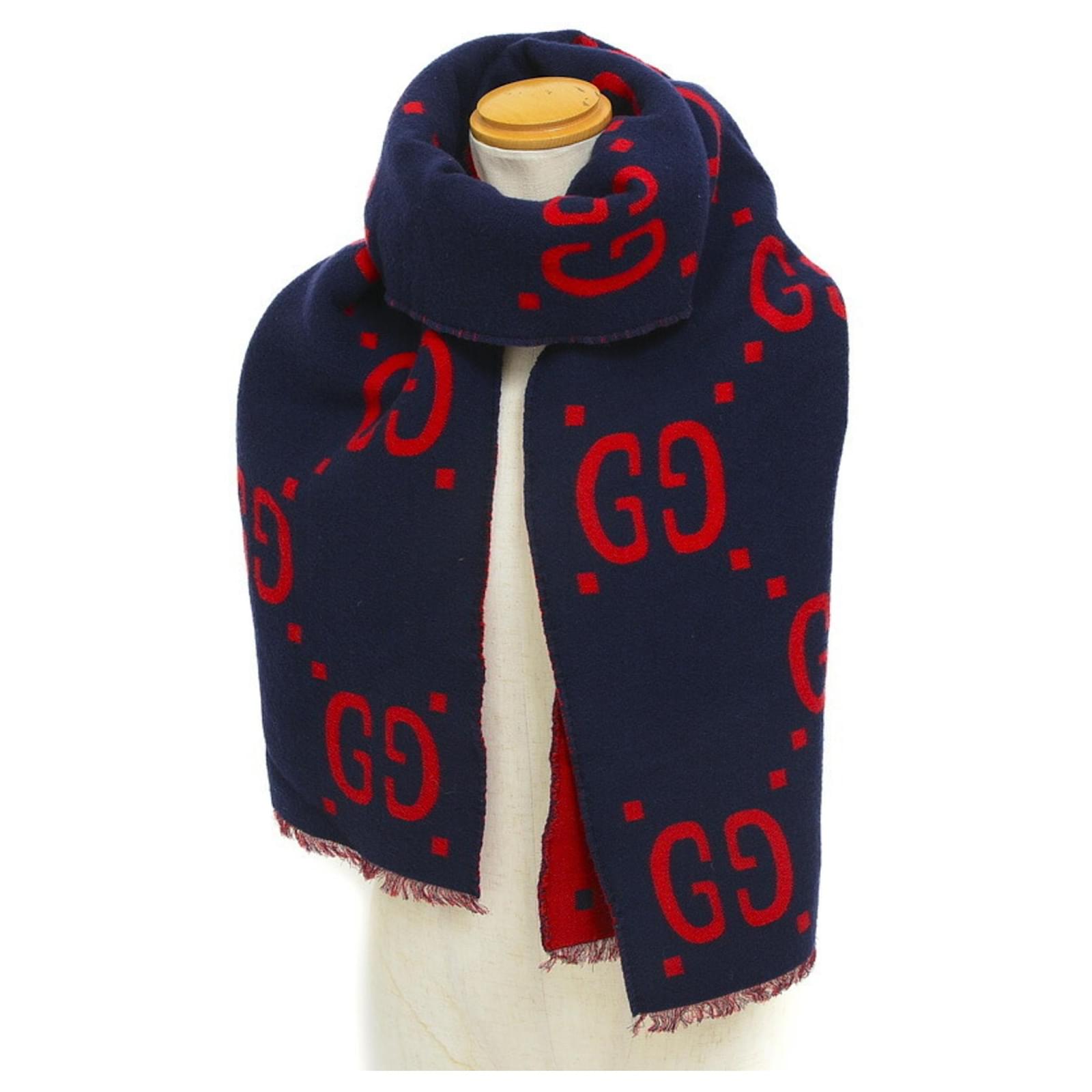 Gucci GG Jacquard Wool Silk Stole Scarf Red Navy blue
