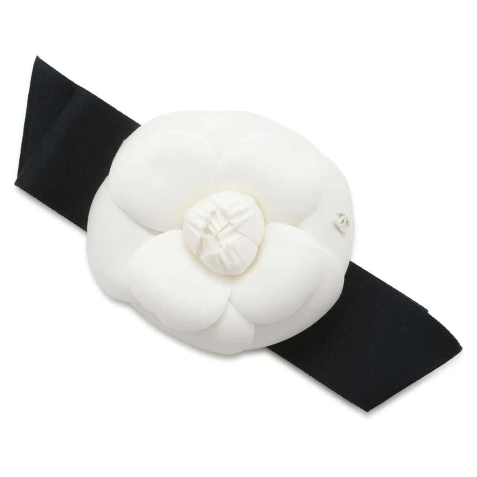 Chanel | Accessory | Chanel White Camellia White & Black Logo Ribbon Accessory Chanel Black Satin White Camellia Headband — Mia Luxury Vintage main image 3