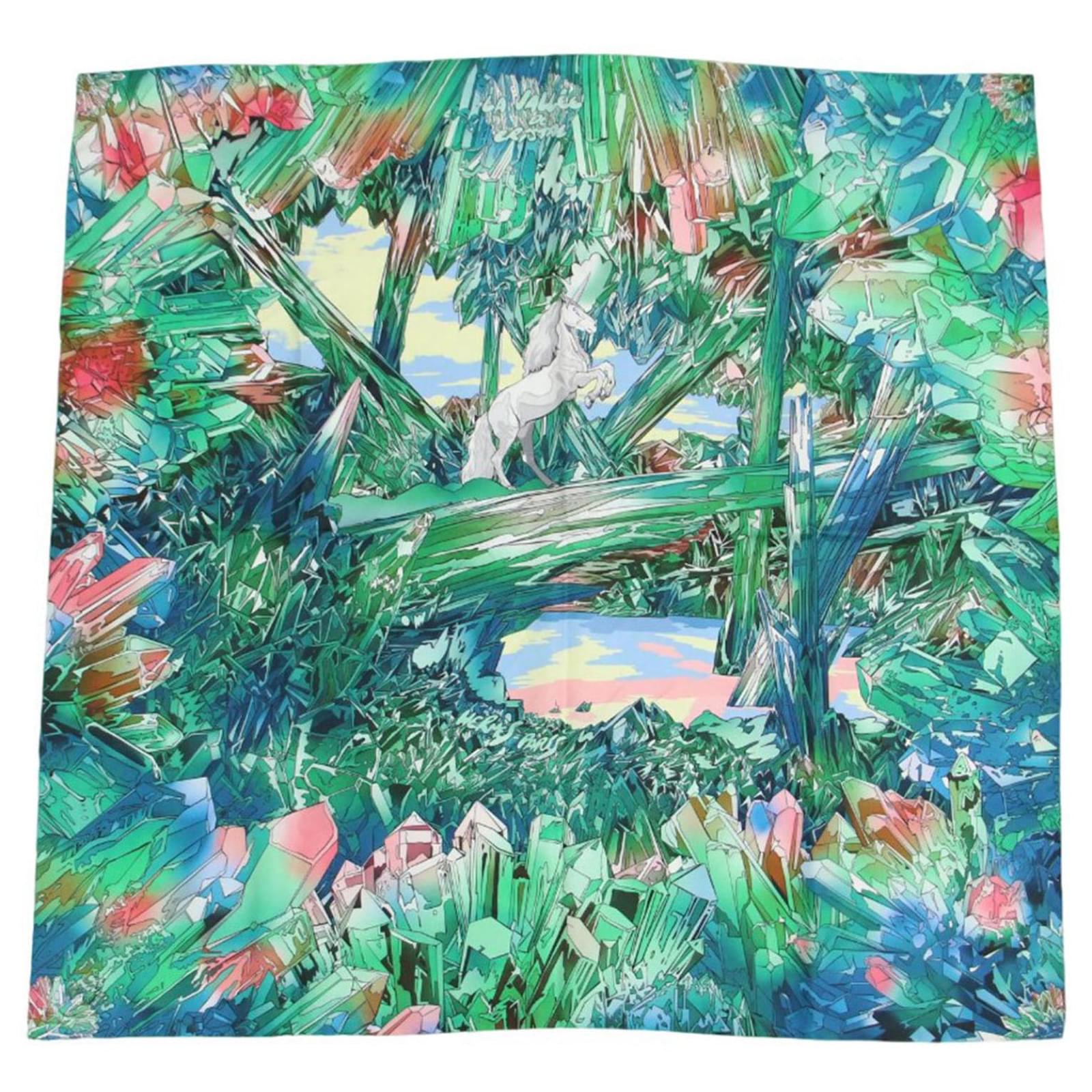 Hermès Hermes Carre 90 La Vallee de Cristal Silk Scarf Green ref