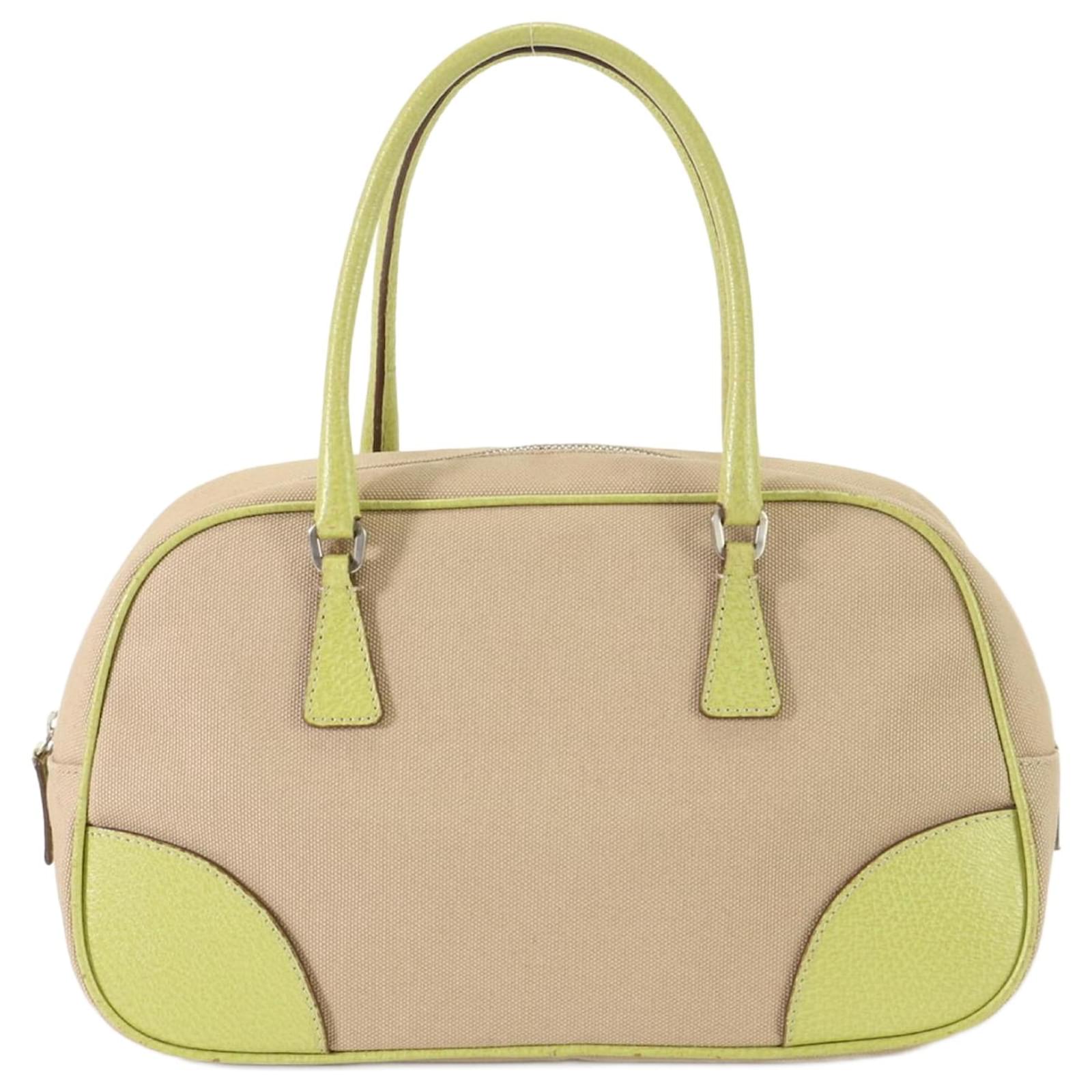 Prada Boston Leather Canvas Handbag Tote Bag Beige Green Yellow 