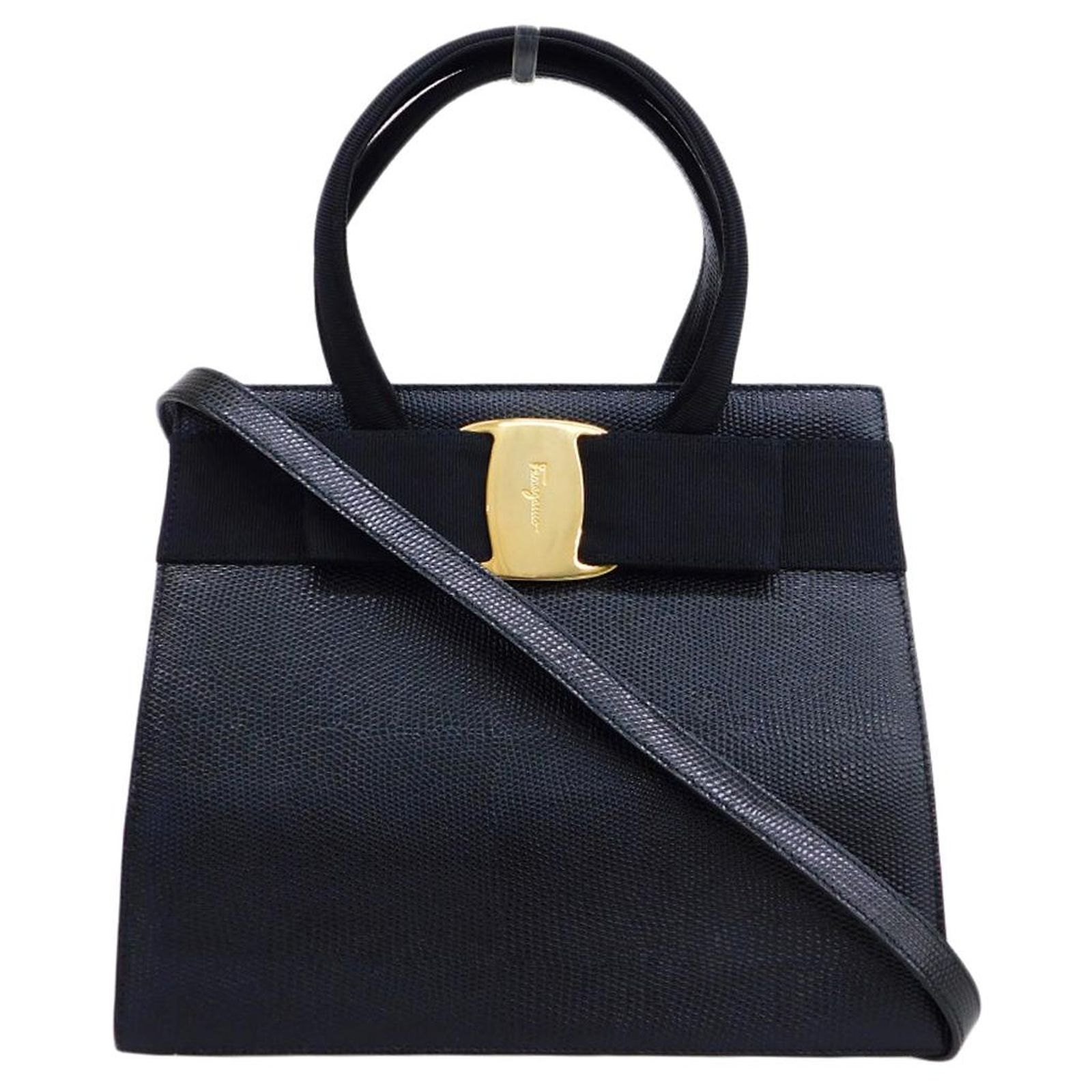 Salvatore Ferragamo Vara Ribbon Leather 2-Way Handbag Black ref 