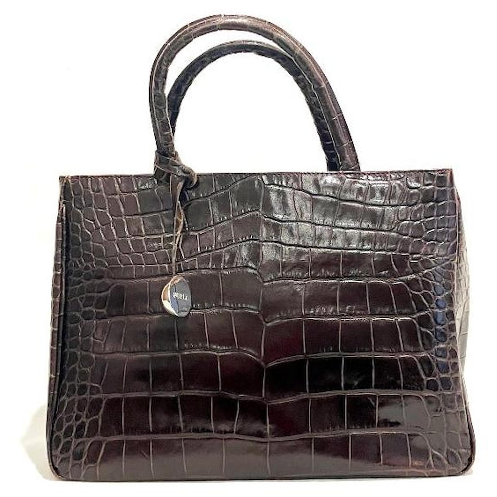 Autre Marque Borsa in pelle marrone scuro con stampa coccodrillo