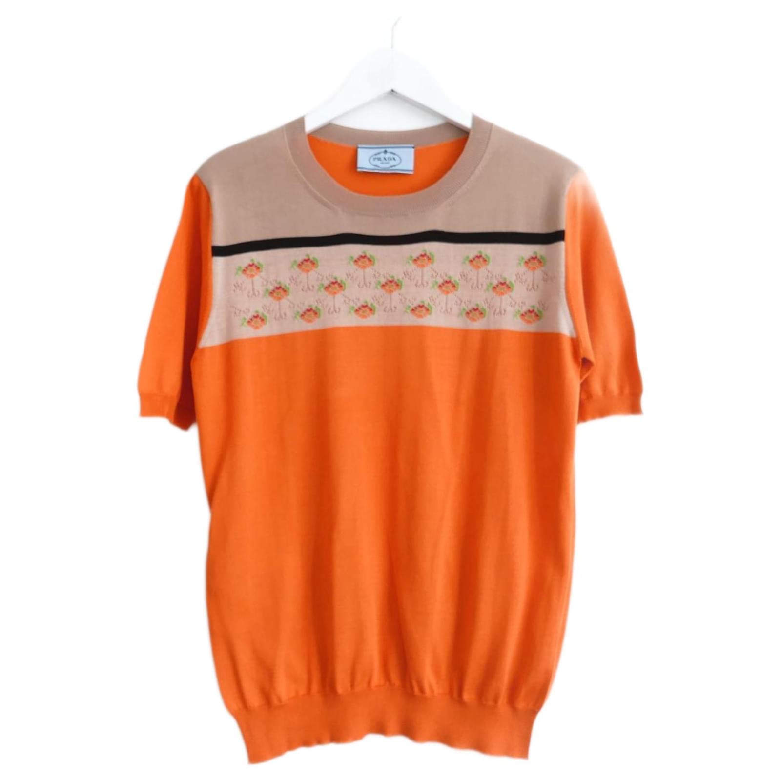 Prada Spring 2014 Orange Silk & Wool Floral Intarsia Fine Knit 