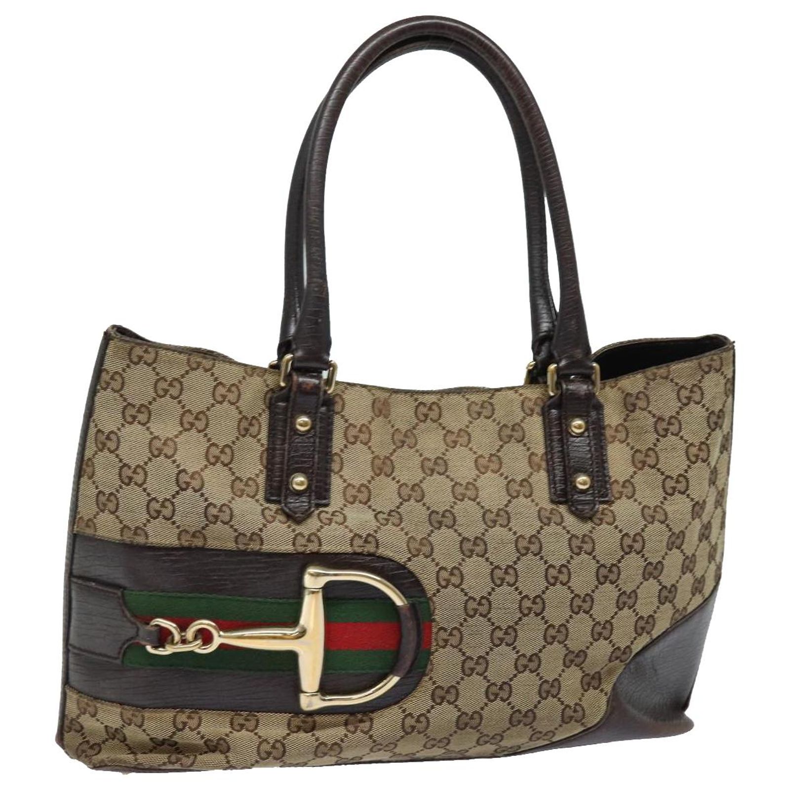 GUCCI GG Canvas Web Sherry Line Horsebit Tote Bag Beige Red 137385 