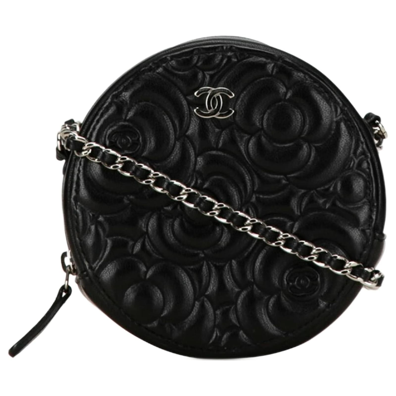 Chanel Camellia Round Chain Pochette Shoulder Bag Black Leather