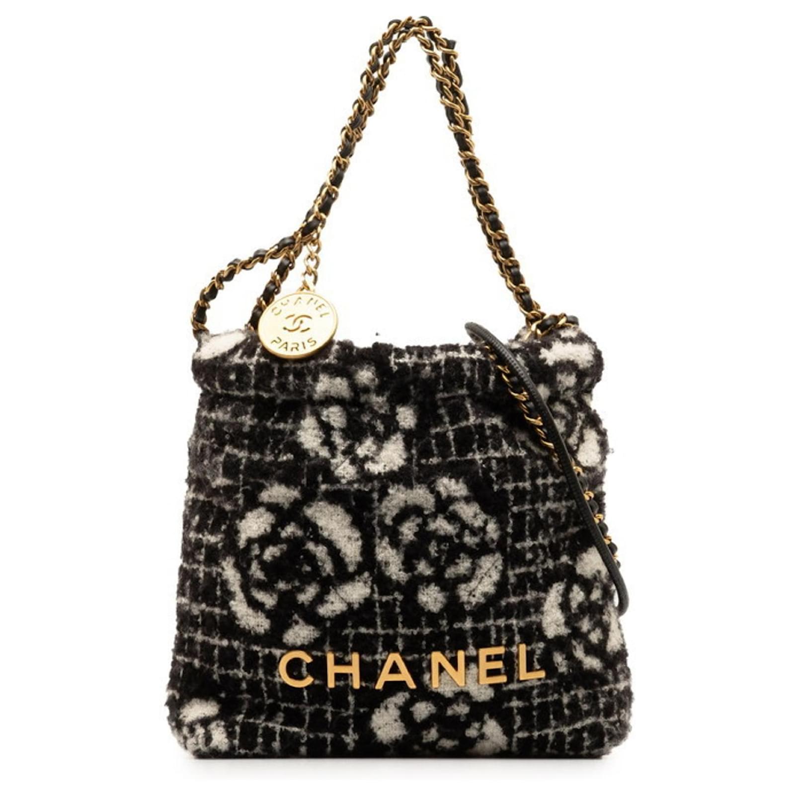 Chanel Camellia Coco Mark Chain Tote Bag Black White Cotton ref