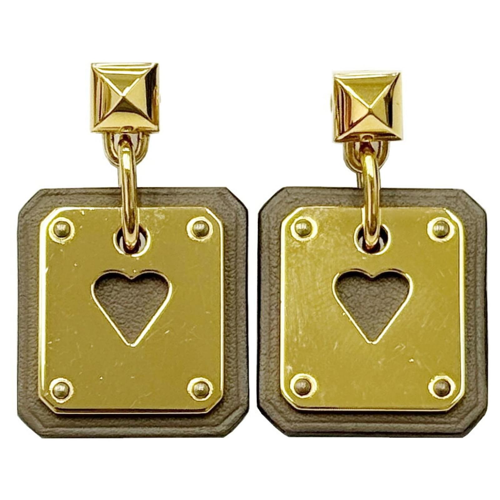 Hermès Hermes As de Coeur Drop Earrings Brown Leather ref