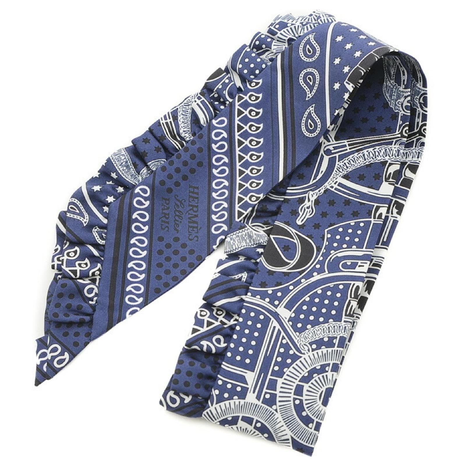 Hermès Hermes Twilly Ruffle Brides De Gala Scarf Black Blue Silk