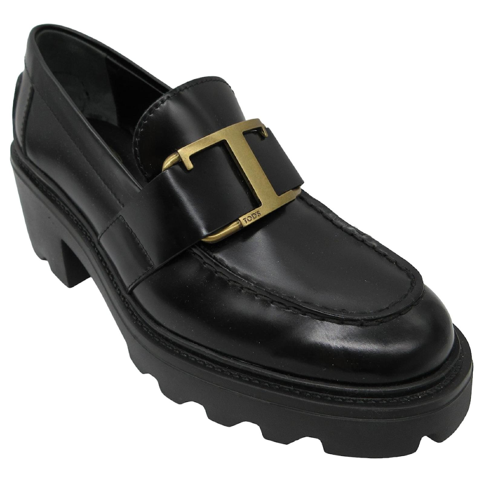 Tod's Black / Gold T Logo Chunky Platform Leather Loafers