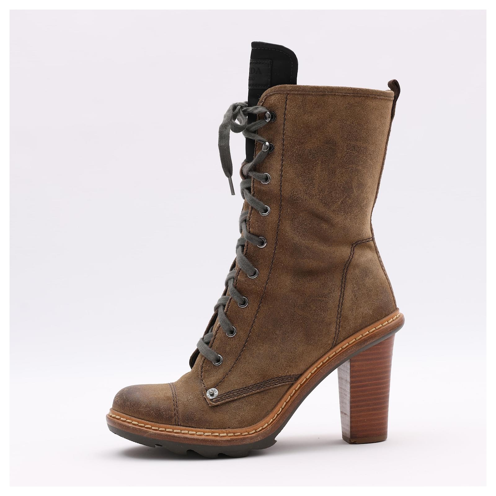 Prada Sport Brown Suede Block Heel Lace Up Mid Calf Boots Size 37.5 ref.1495087 Joli Closet